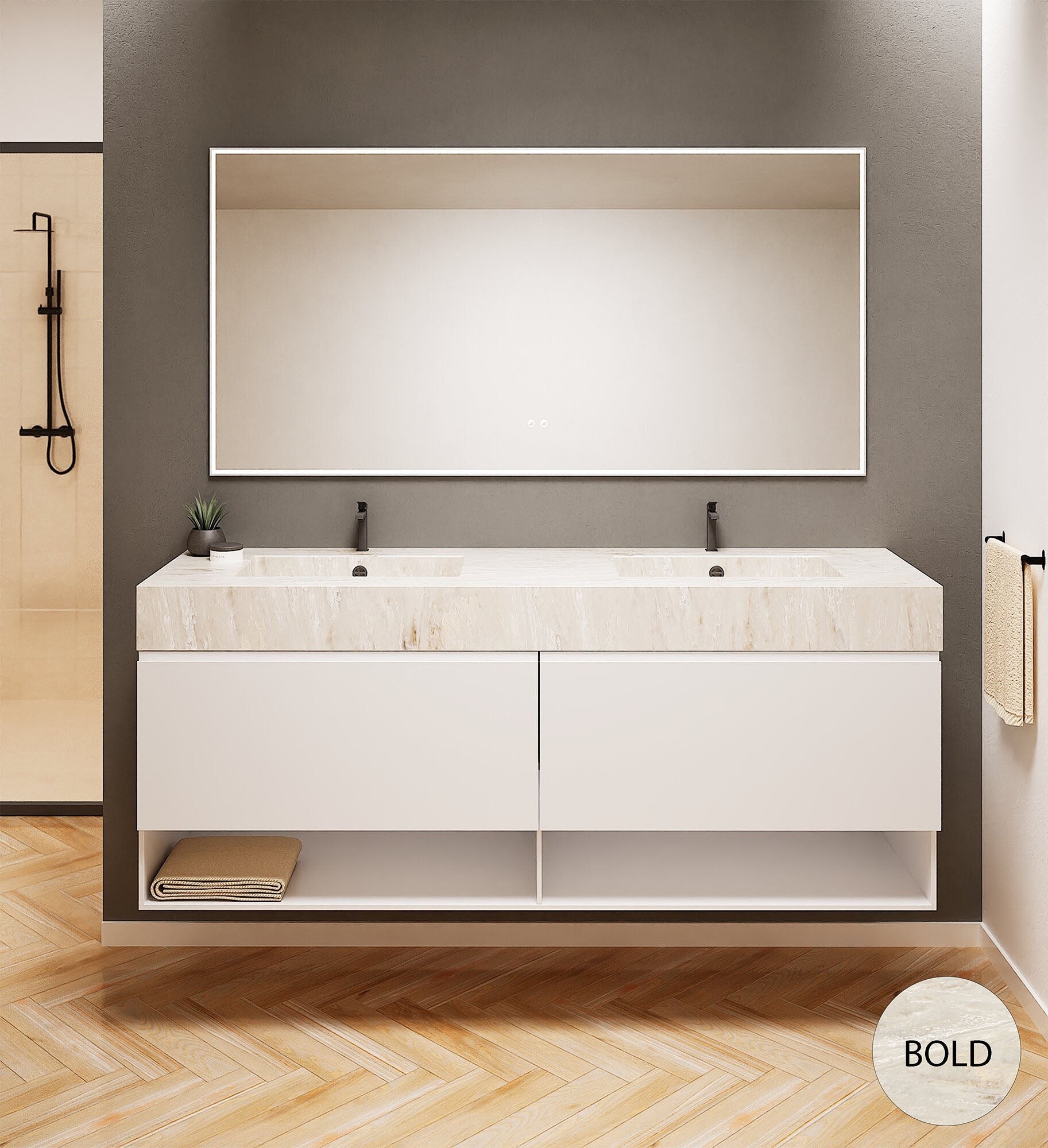 ALBA – Double Corian® Basin Unit with 2 Aligned Drawers and buttom Shelves - ROVALUX