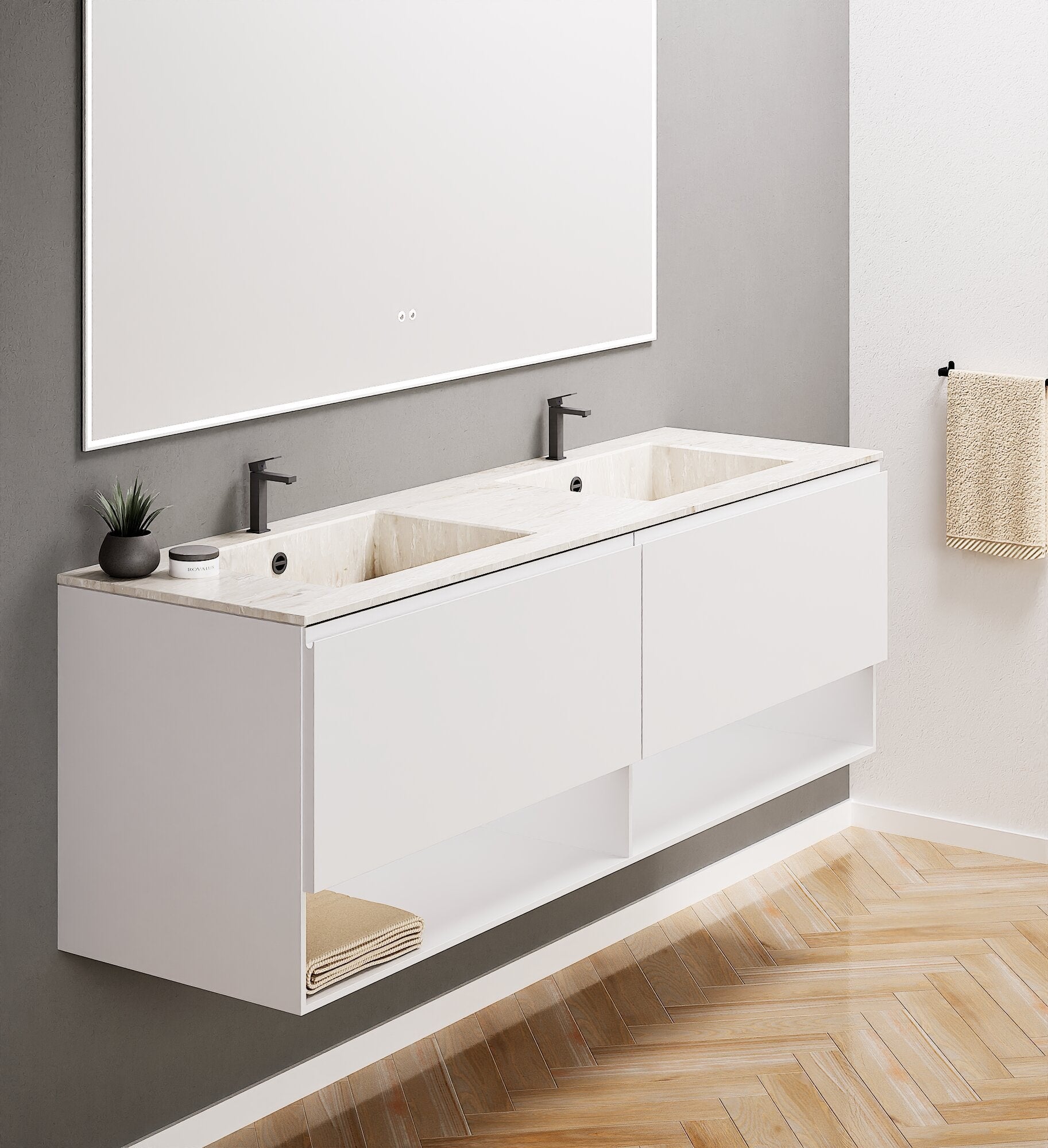 ALBA – Double Corian® Basin Unit with 2 Aligned Drawers and buttom Shelves - ROVALUX