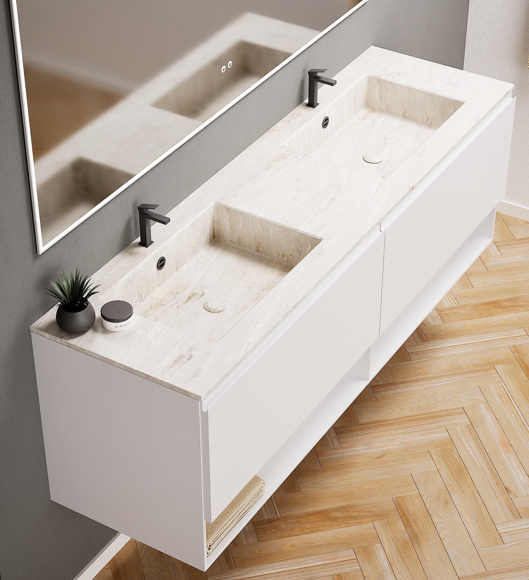 ALBA – Double Corian® Basin Unit with 2 Aligned Drawers and buttom Shelves - ROVALUX