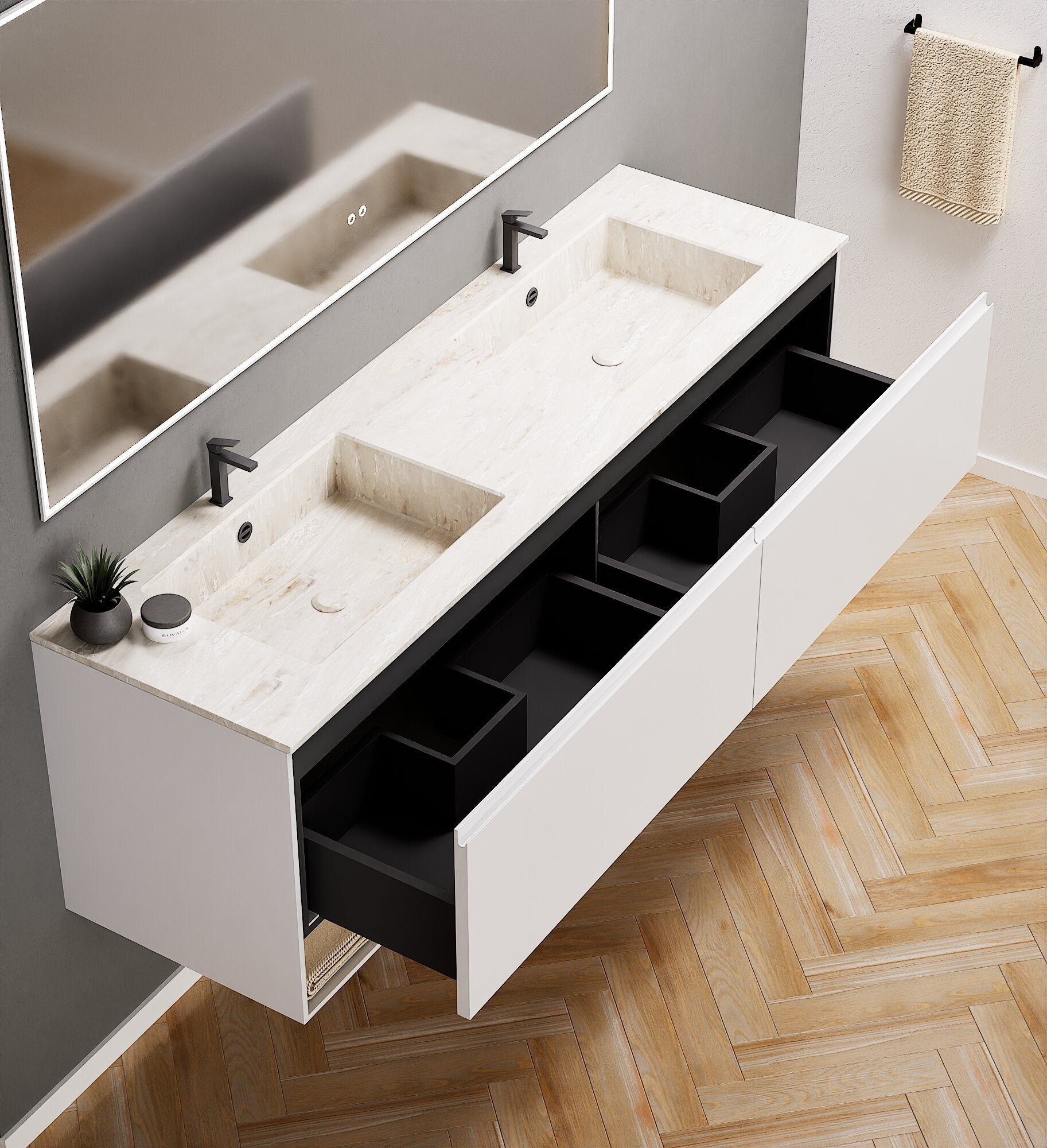 ALBA – Double Corian® Basin Unit with 2 Aligned Drawers and buttom Shelves - ROVALUX