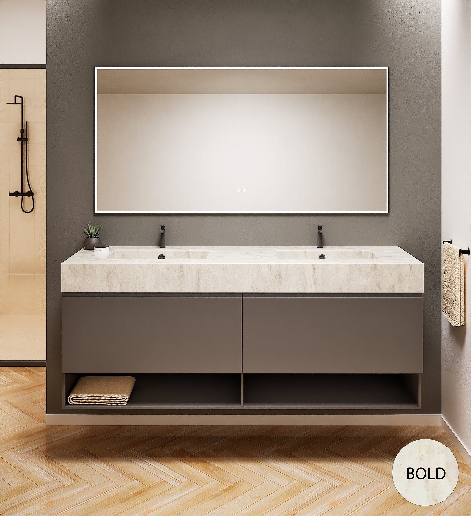 ALBA – Double Corian® Basin Unit with 2 Aligned Drawers and buttom Shelves - ROVALUX