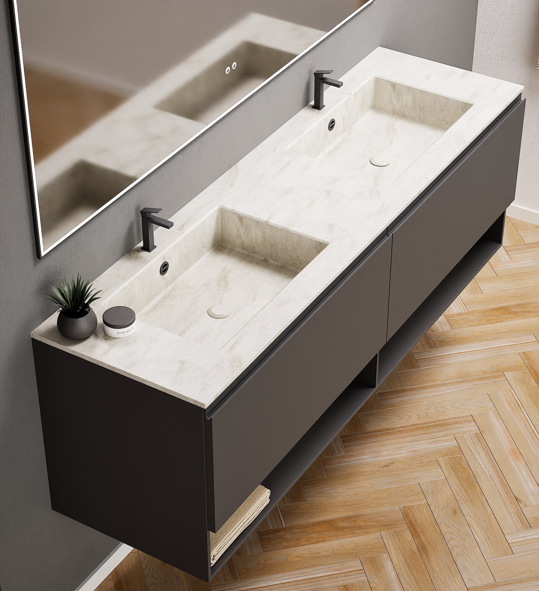 ALBA – Double Corian® Basin Unit with 2 Aligned Drawers and buttom Shelves - ROVALUX