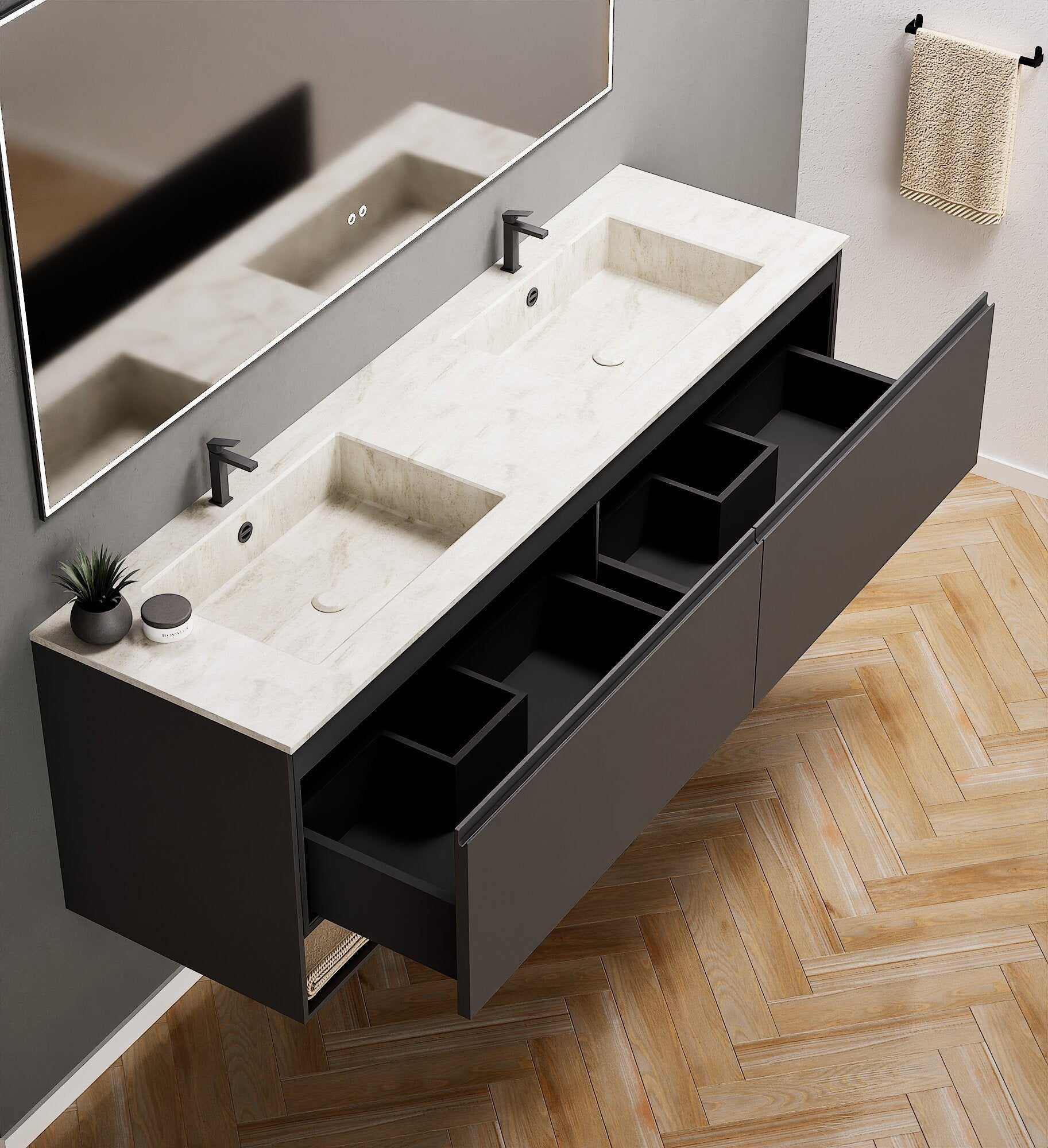 ALBA – Double Corian® Basin Unit with 2 Aligned Drawers and buttom Shelves - ROVALUX