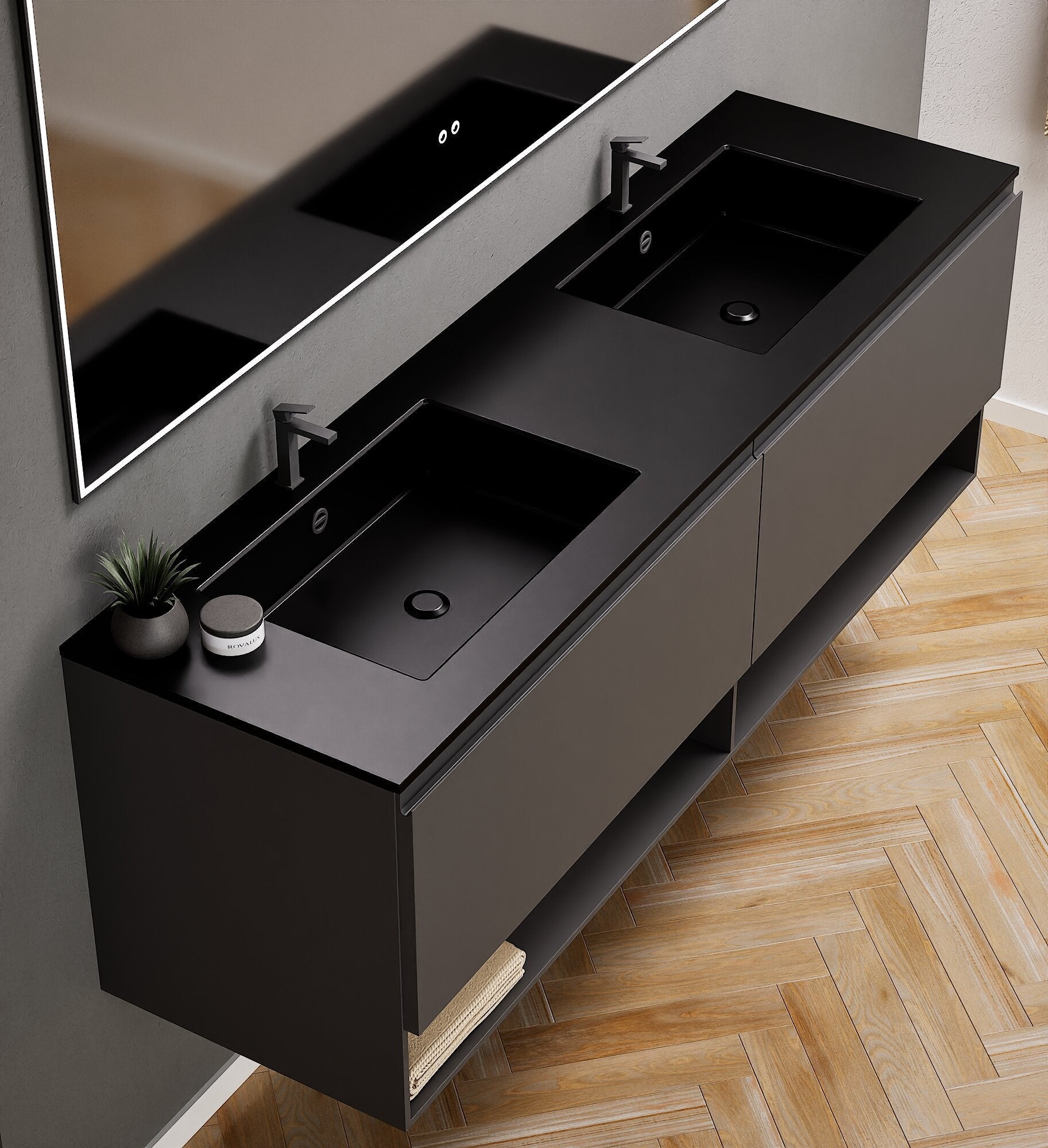 ALBA – Double Corian® Basin Unit with 2 Aligned Drawers and buttom Shelves - ROVALUX