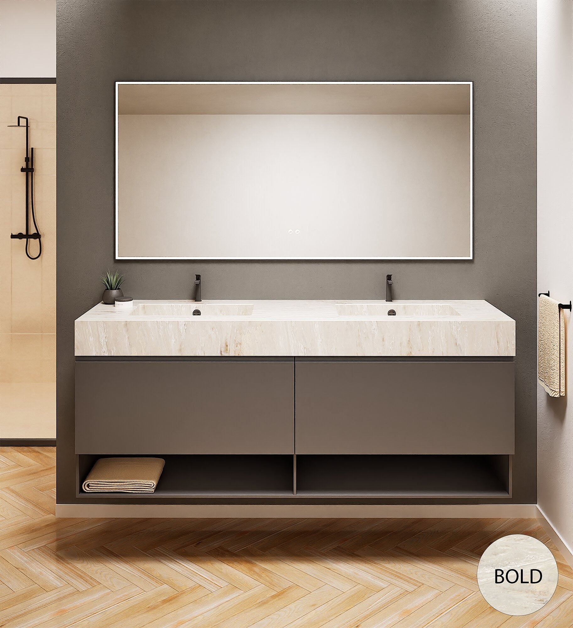 ALBA – Double Corian® Basin Unit with 2 Aligned Drawers and buttom Shelves - ROVALUX