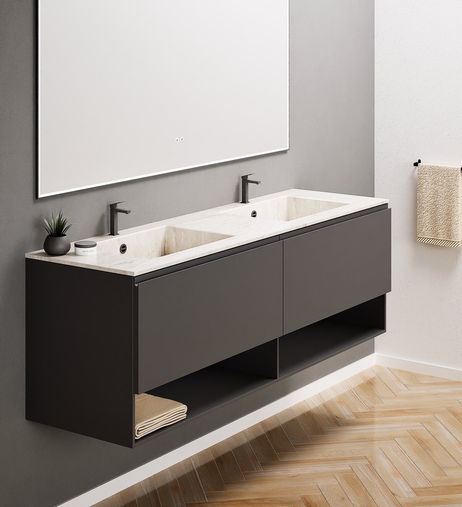 ALBA – Double Corian® Basin Unit with 2 Aligned Drawers and buttom Shelves - ROVALUX