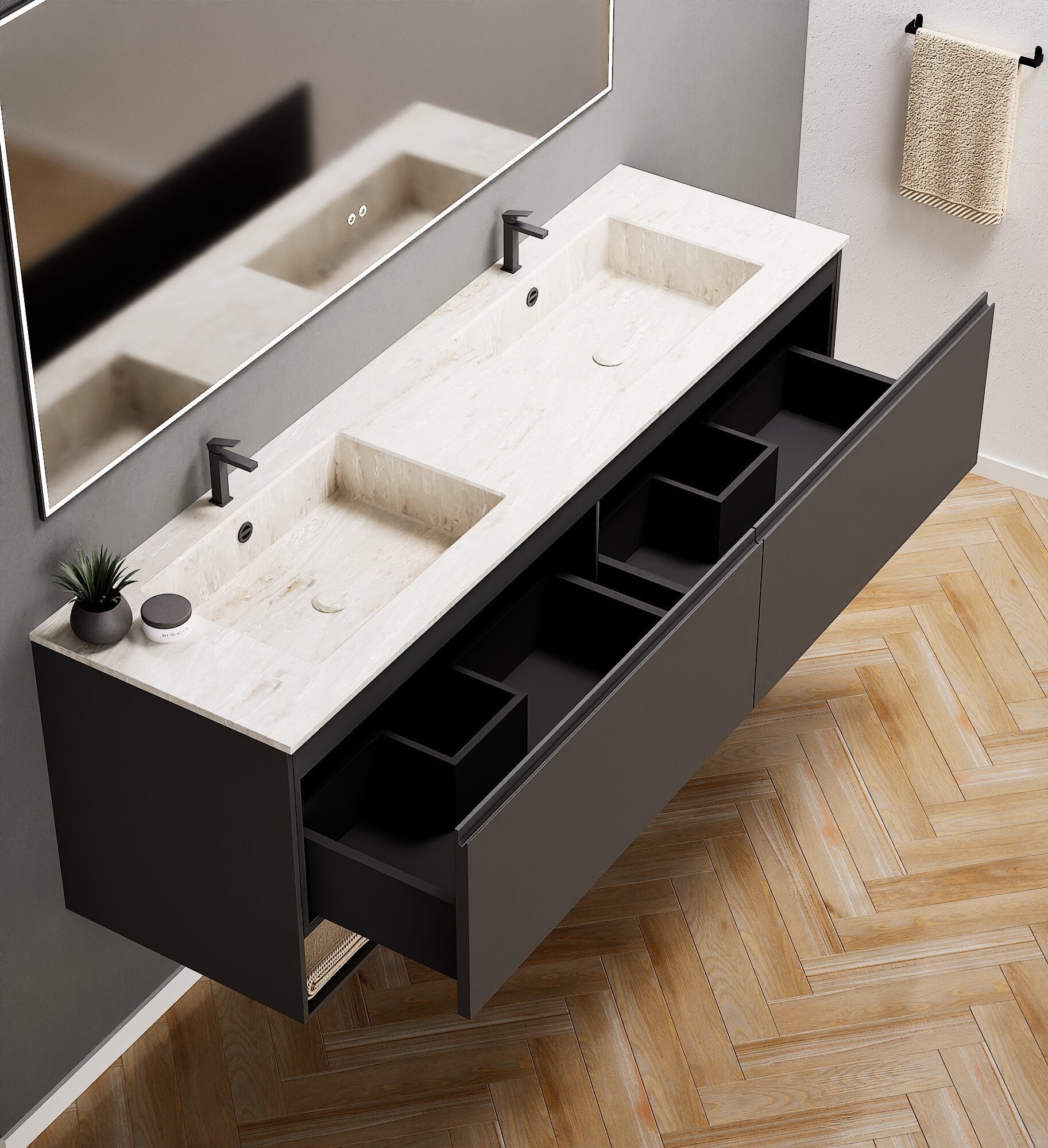 ALBA – Double Corian® Basin Unit with 2 Aligned Drawers and buttom Shelves - ROVALUX