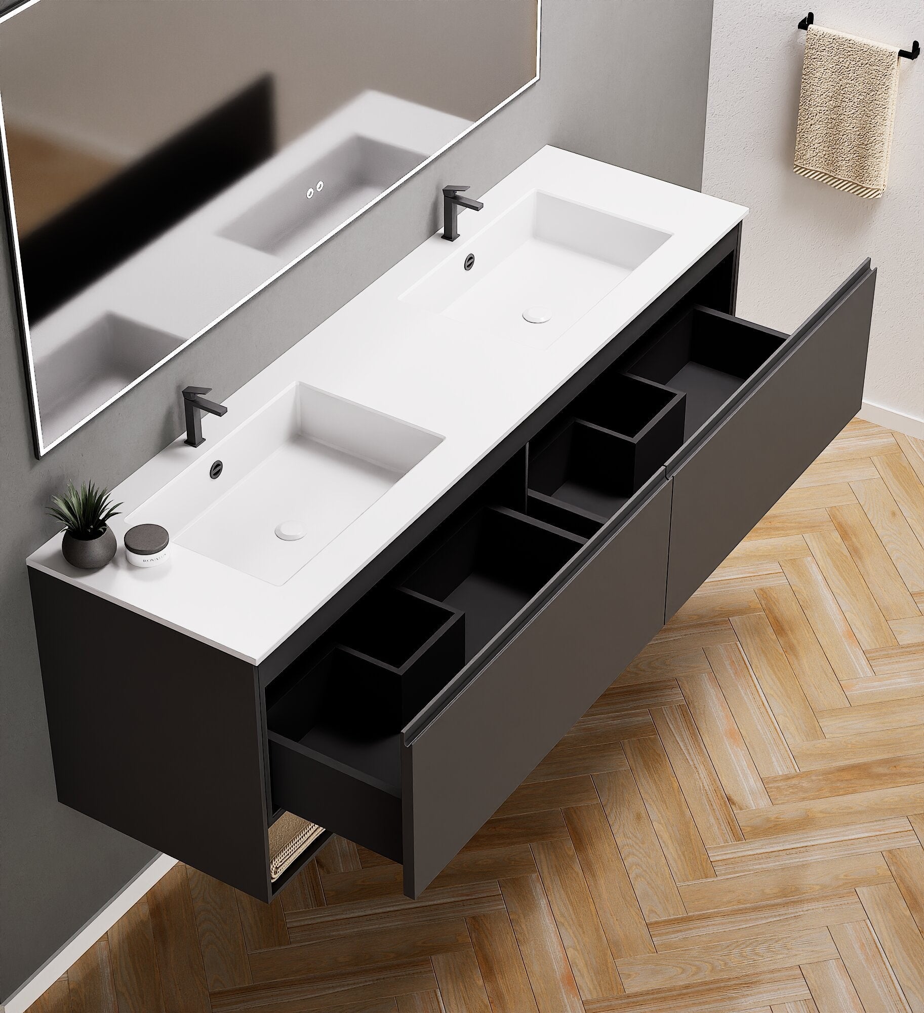 ALBA – Double Corian® Basin Unit with 2 Aligned Drawers and buttom Shelves - ROVALUX