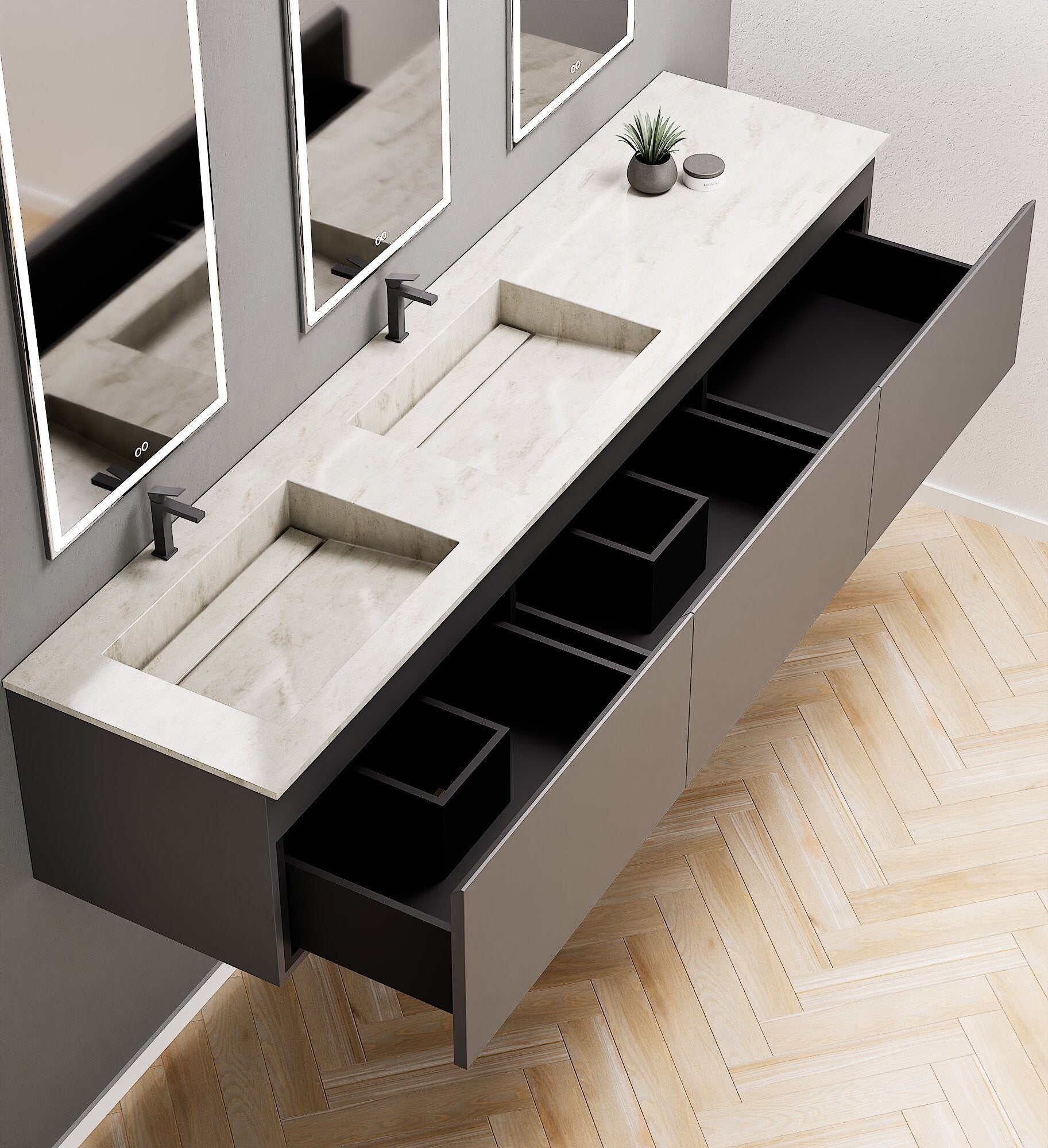 ALBA – Double Corian® Basin Unit with 3 Aligned Drawers - ROVALUX