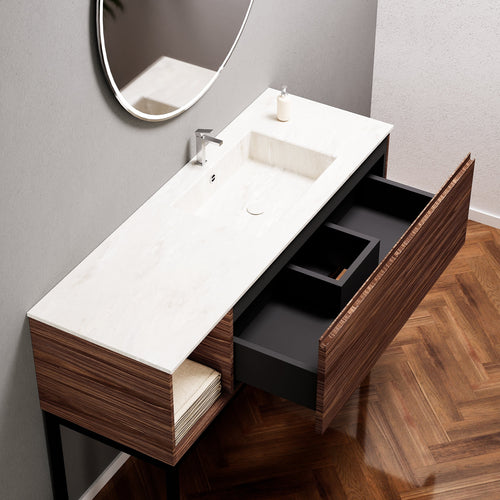Aurora – Corian® Basin Unit with 1 Drawer, Side Shelf, and Feet-Standing Vanity - ROVALUX