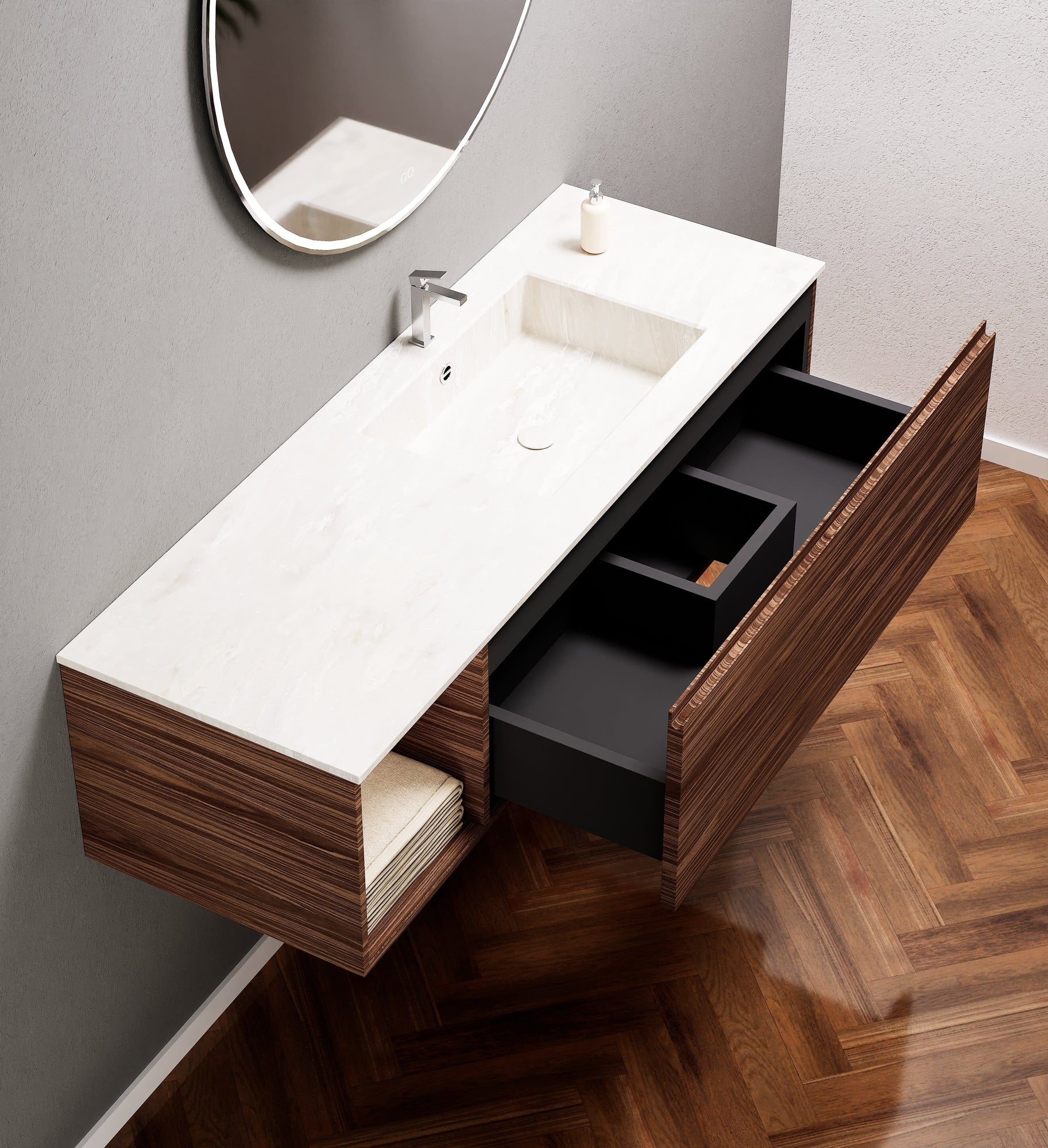 Aurora – Corian® Basin Unit with 1 Drawer and Side Shelf - ROVALUX