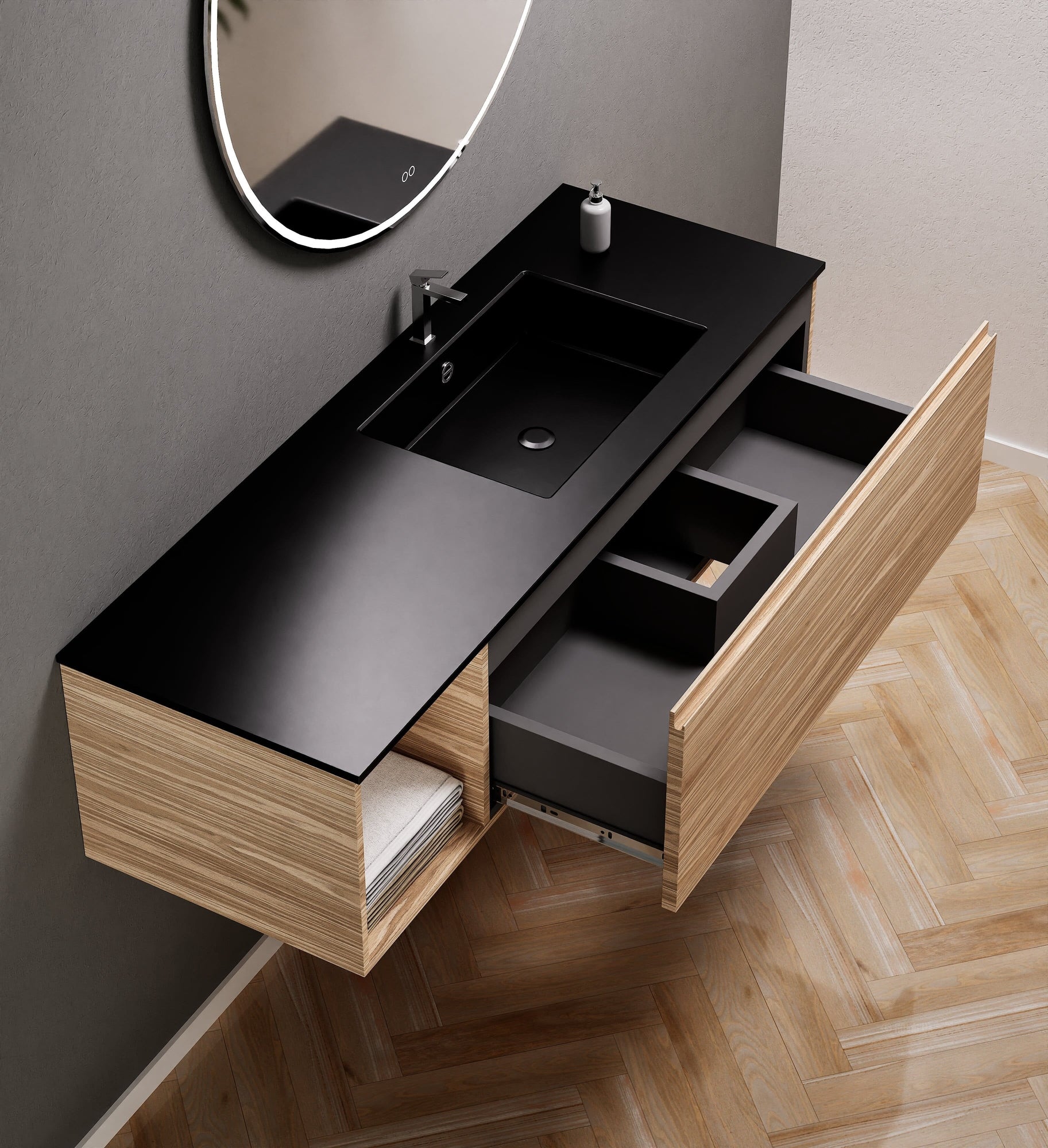 Aurora – Corian® Basin Unit with 1 Drawer and Side Shelf - ROVALUX