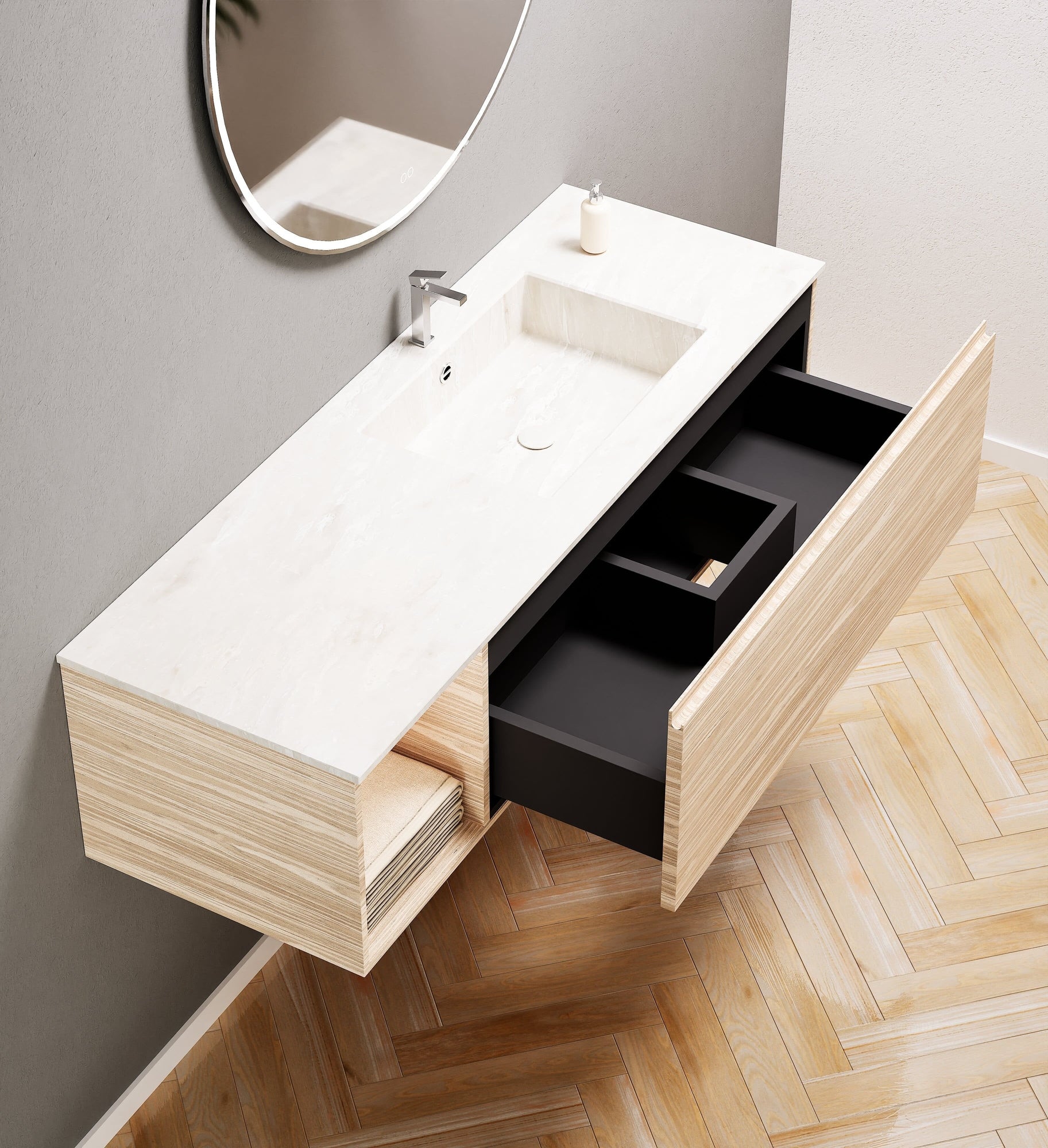Aurora – Corian® Basin Unit with 1 Drawer and Side Shelf - ROVALUX
