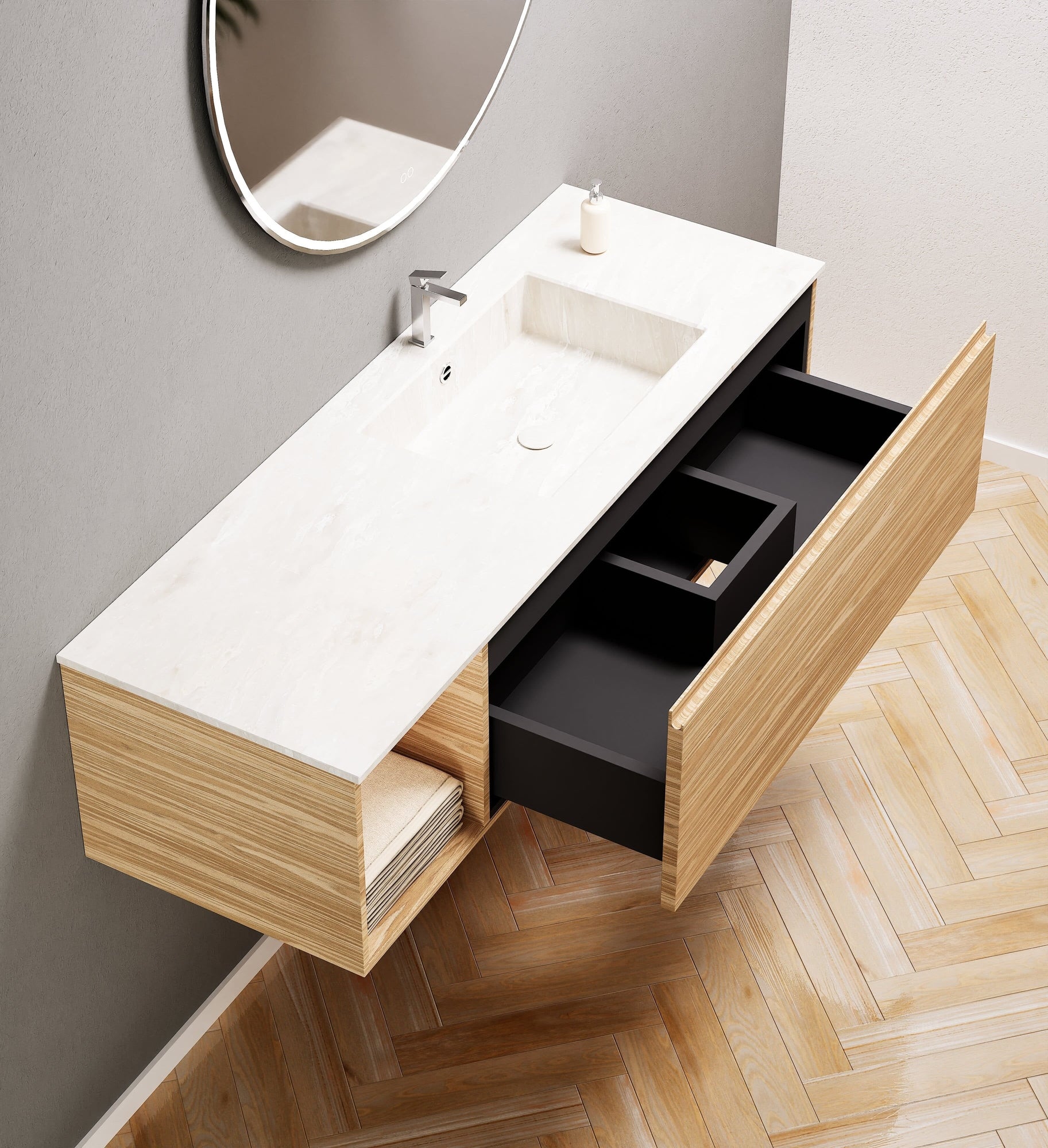 Aurora – Corian® Basin Unit with 1 Drawer and Side Shelf - ROVALUX