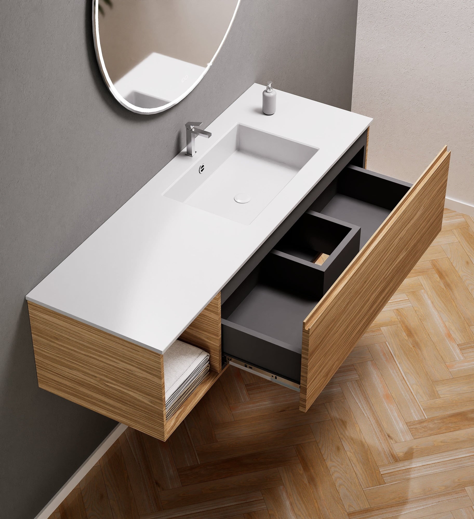 Aurora – Corian® Basin Unit with 1 Drawer and Side Shelf - ROVALUX