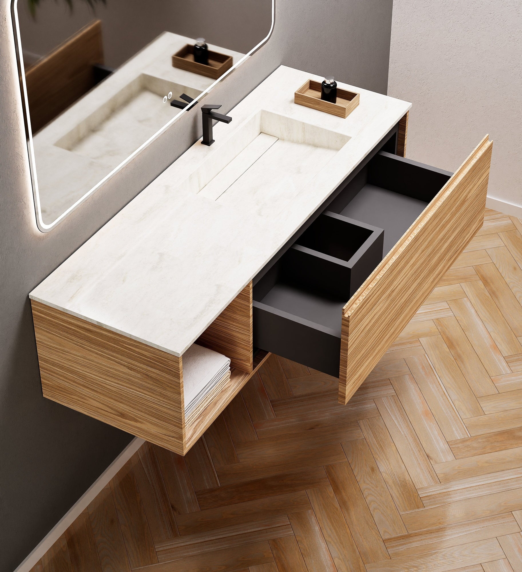 Aurora Frame – Corian® Basin with 1 Drawer and Side Shelf - ROVALUX