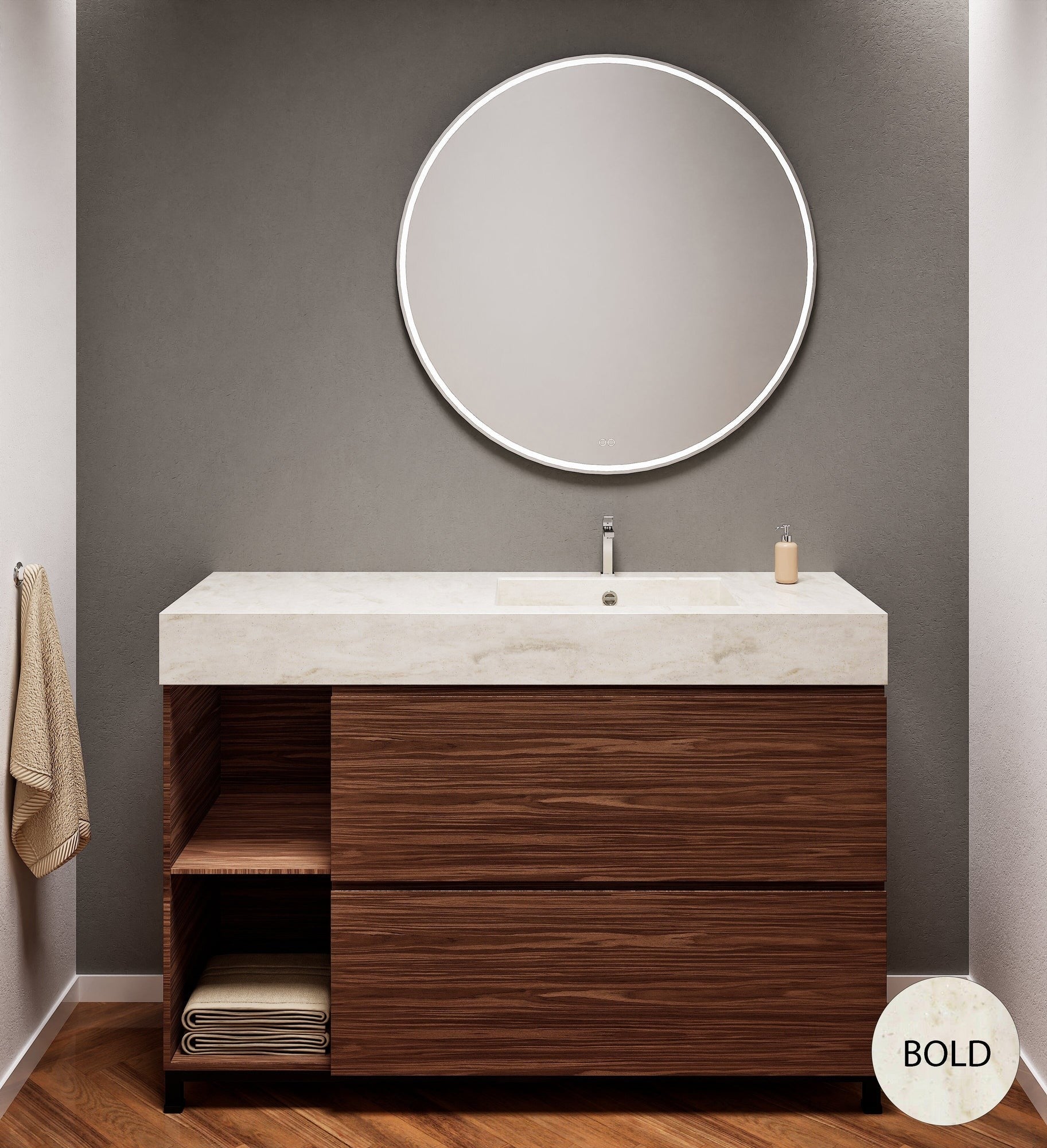 Aurora – Corian® Basin Unit with 2 Drawers, 2 Side Shelves, and Feet-Standing Vanity - ROVALUX