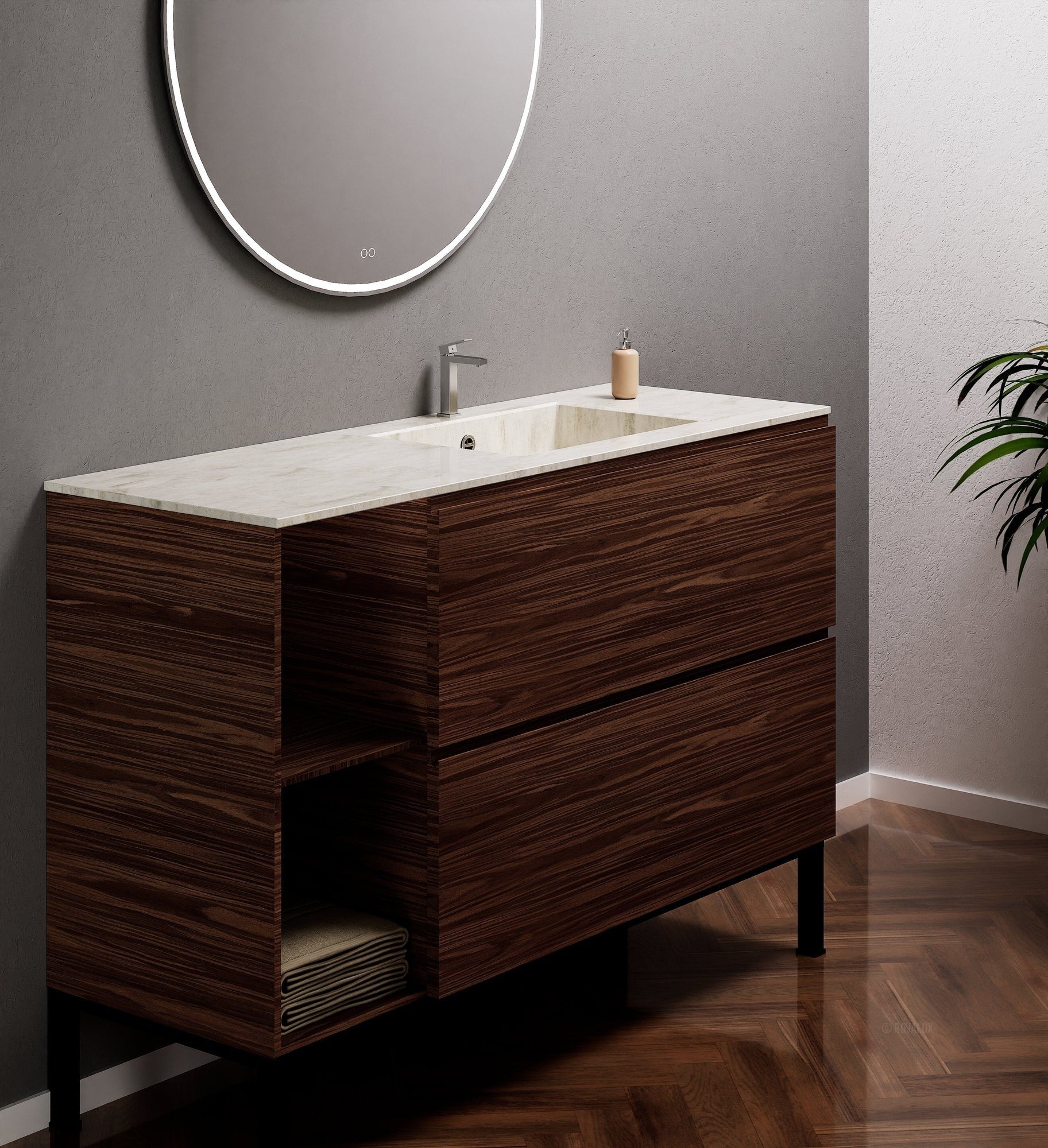 Aurora – Corian® Basin Unit with 2 Drawers, 2 Side Shelves, and Feet-Standing Vanity - ROVALUX