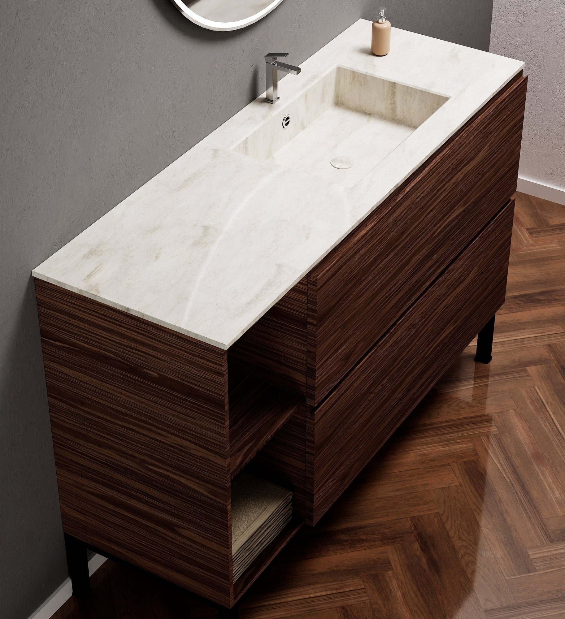 Aurora – Corian® Basin Unit with 2 Drawers, 2 Side Shelves, and Feet-Standing Vanity - ROVALUX