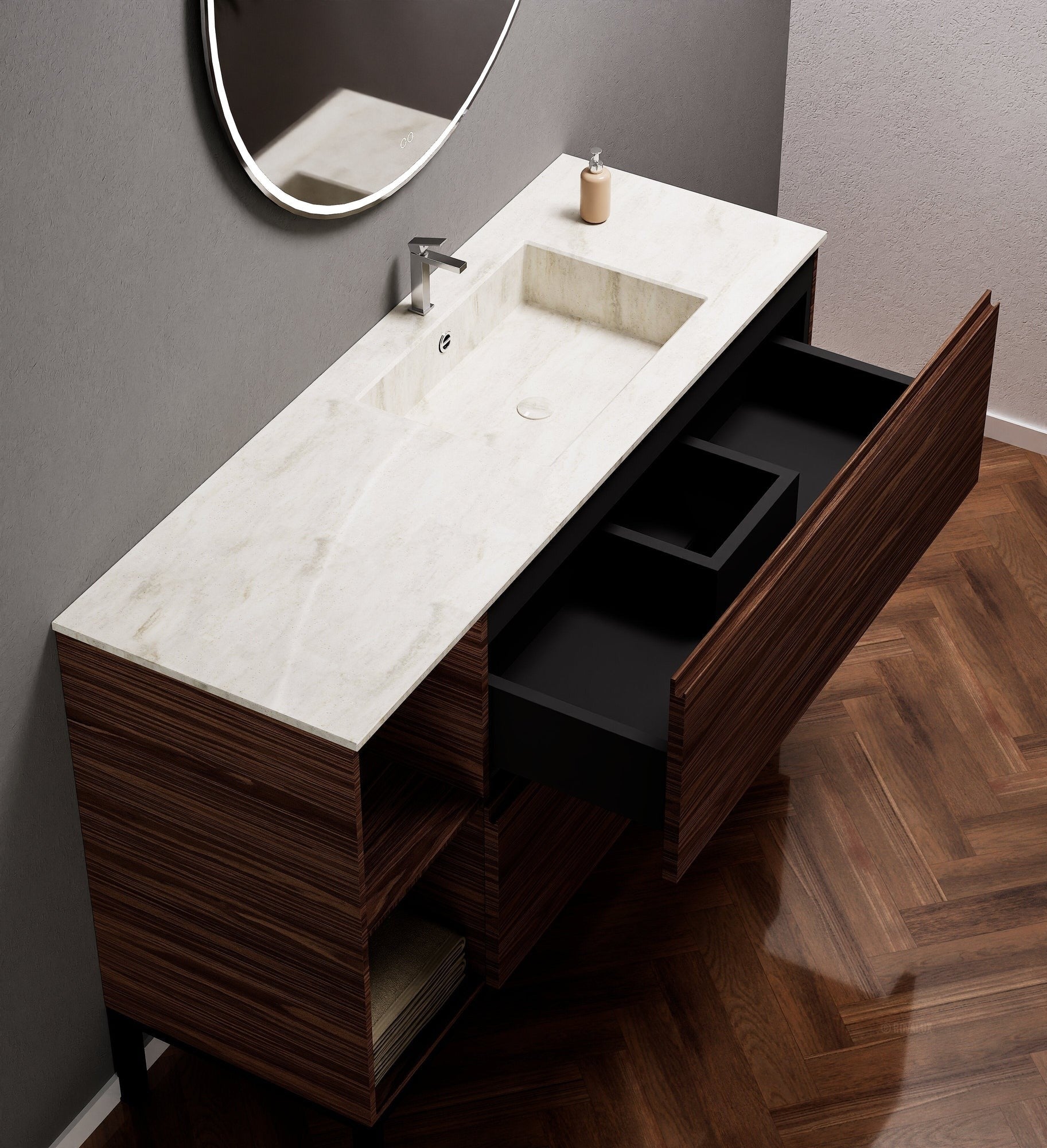 Aurora – Corian® Basin Unit with 2 Drawers, 2 Side Shelves, and Feet-Standing Vanity - ROVALUX