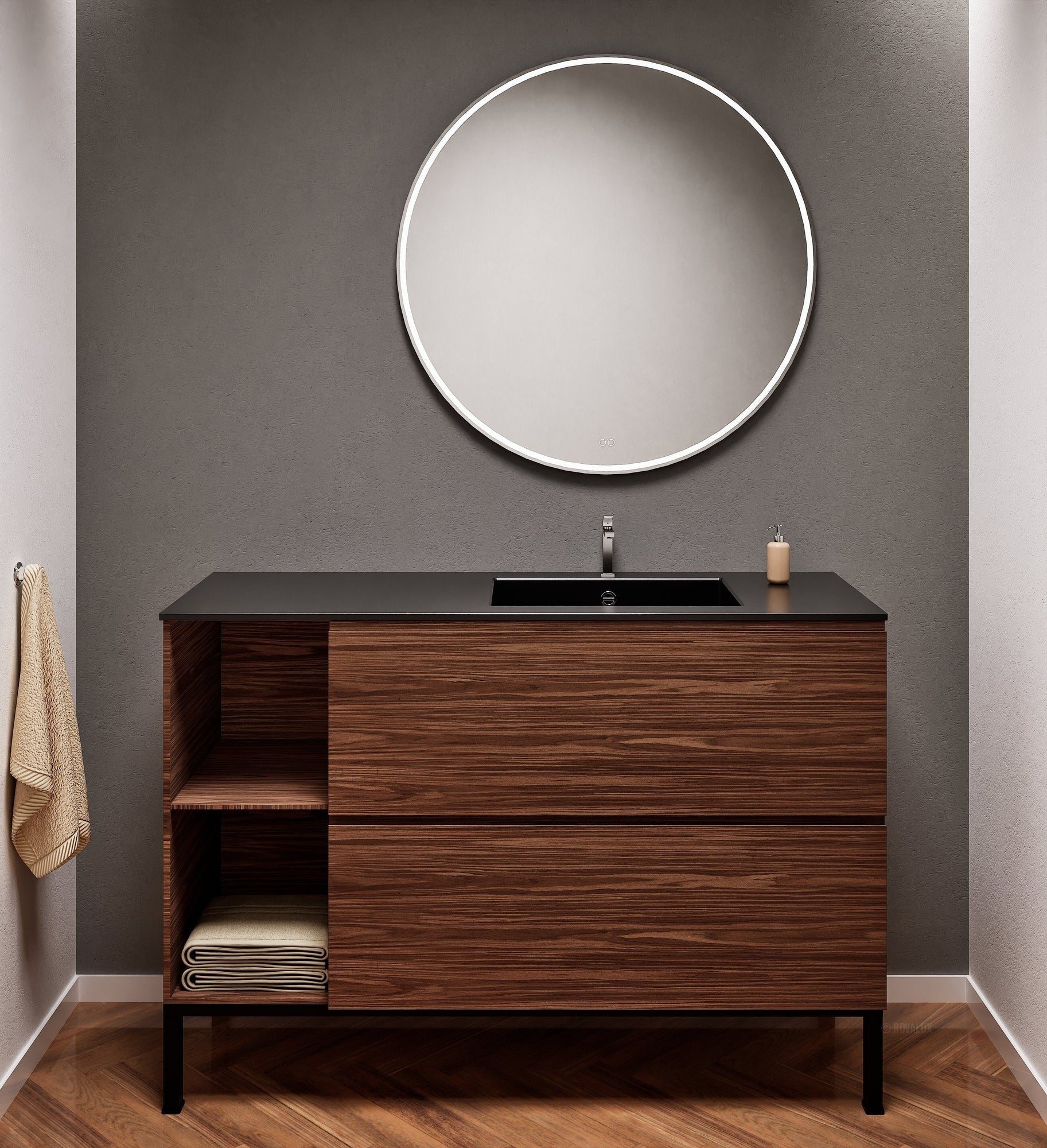 Aurora – Corian® Basin Unit with 2 Drawers, 2 Side Shelves, and Feet-Standing Vanity - ROVALUX