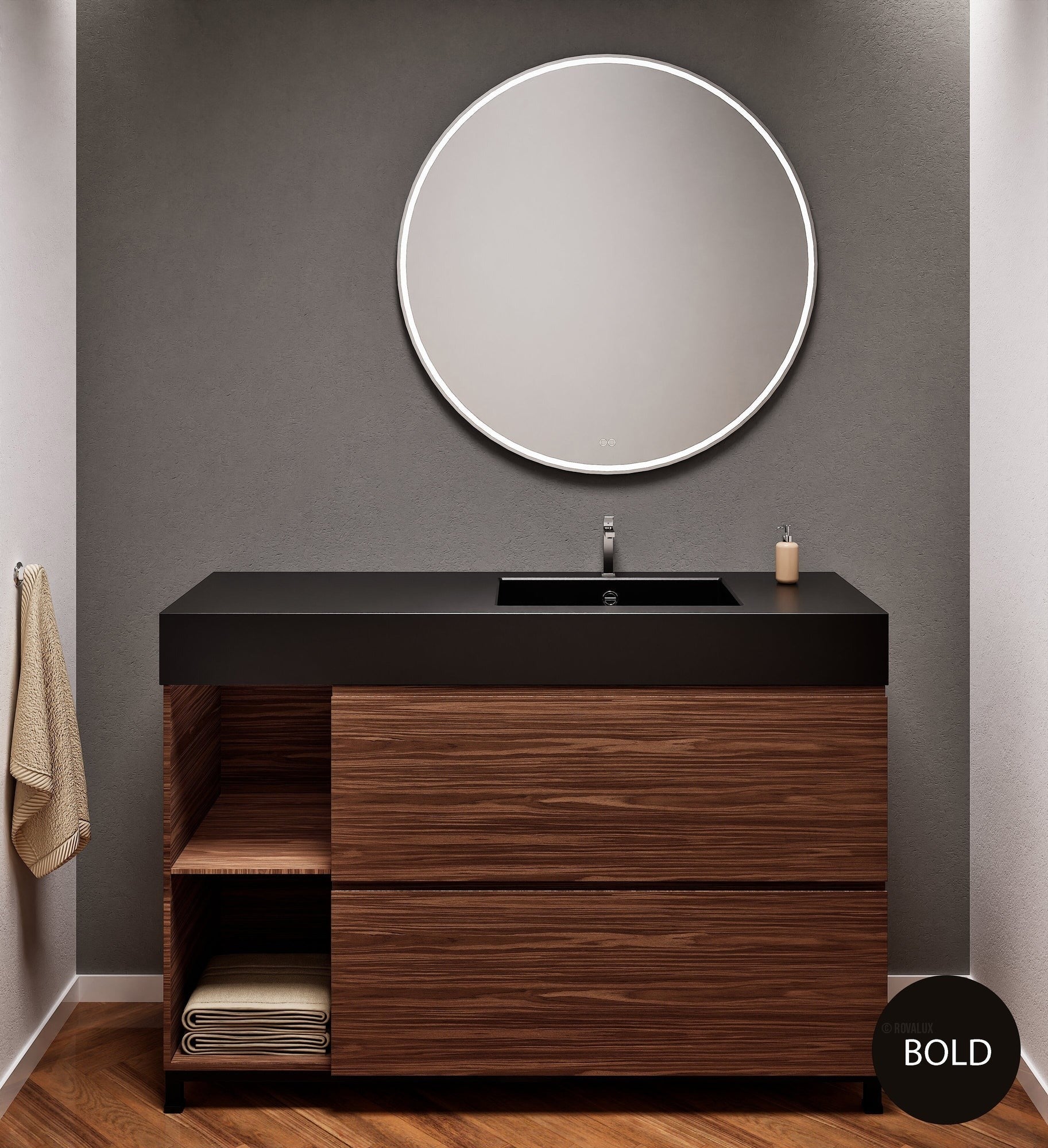 Aurora – Corian® Basin Unit with 2 Drawers, 2 Side Shelves, and Feet-Standing Vanity - ROVALUX