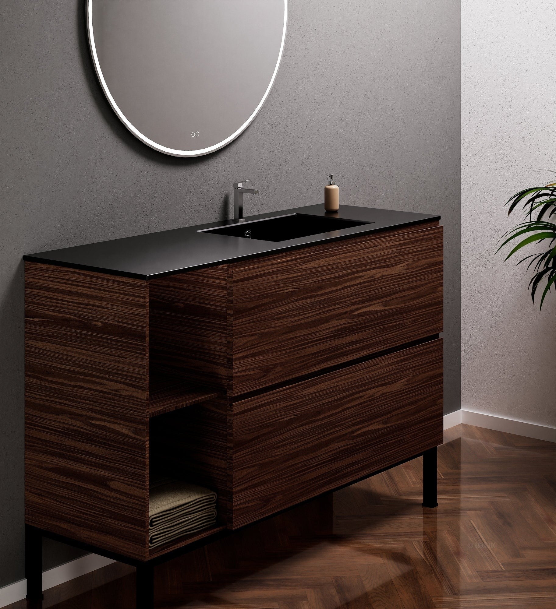 Aurora – Corian® Basin Unit with 2 Drawers, 2 Side Shelves, and Feet-Standing Vanity - ROVALUX