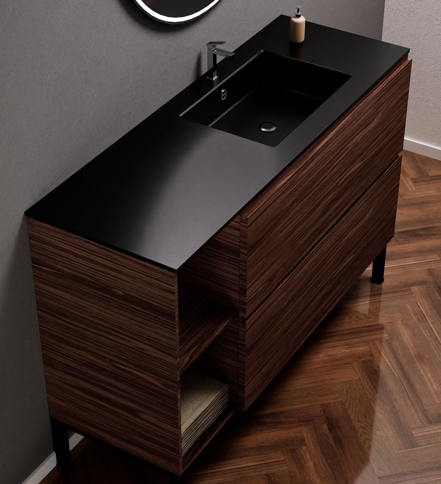 Aurora – Corian® Basin Unit with 2 Drawers, 2 Side Shelves, and Feet-Standing Vanity - ROVALUX