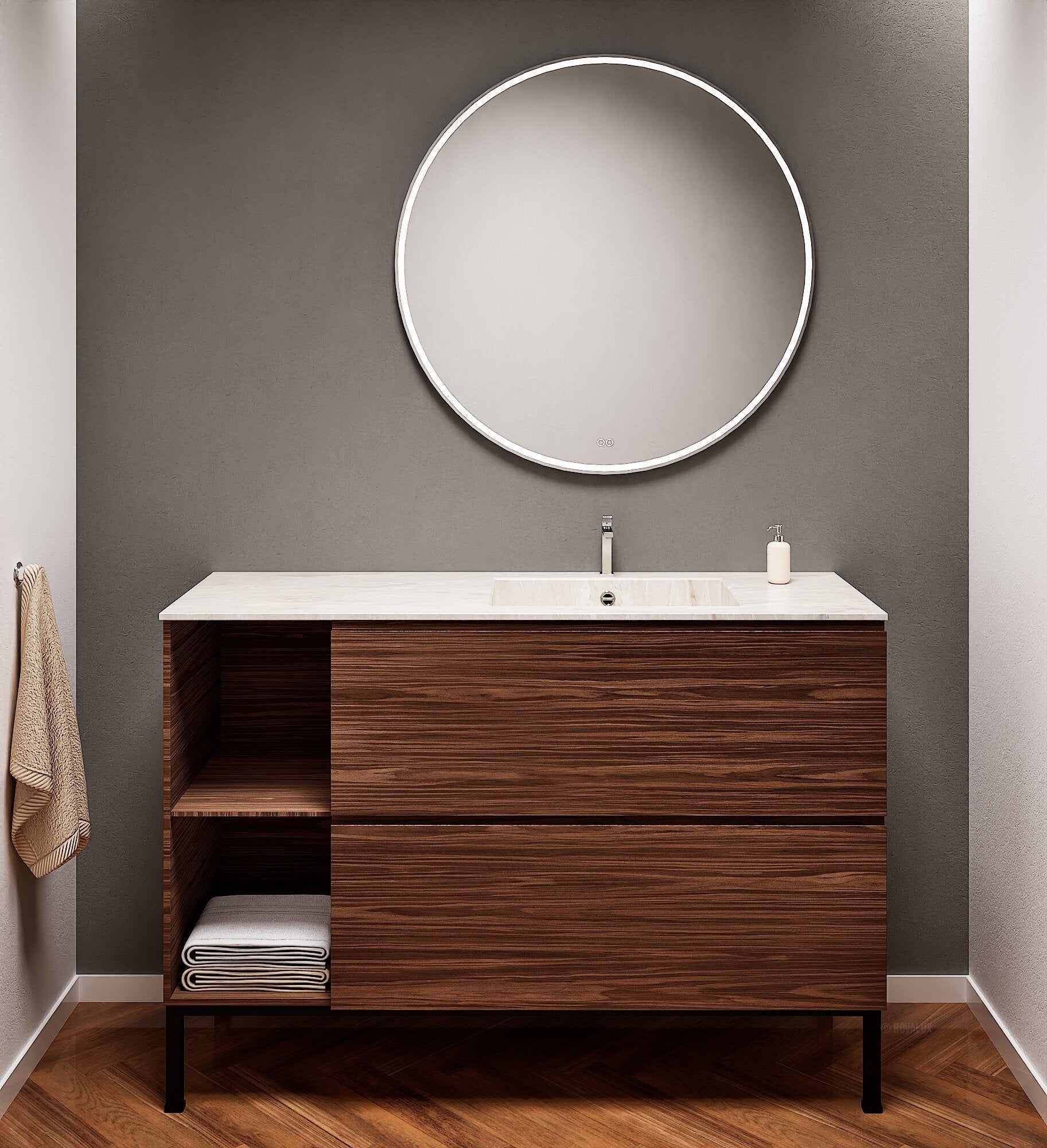 Aurora – Corian® Basin Unit with 2 Drawers, 2 Side Shelves, and Feet-Standing Vanity - ROVALUX