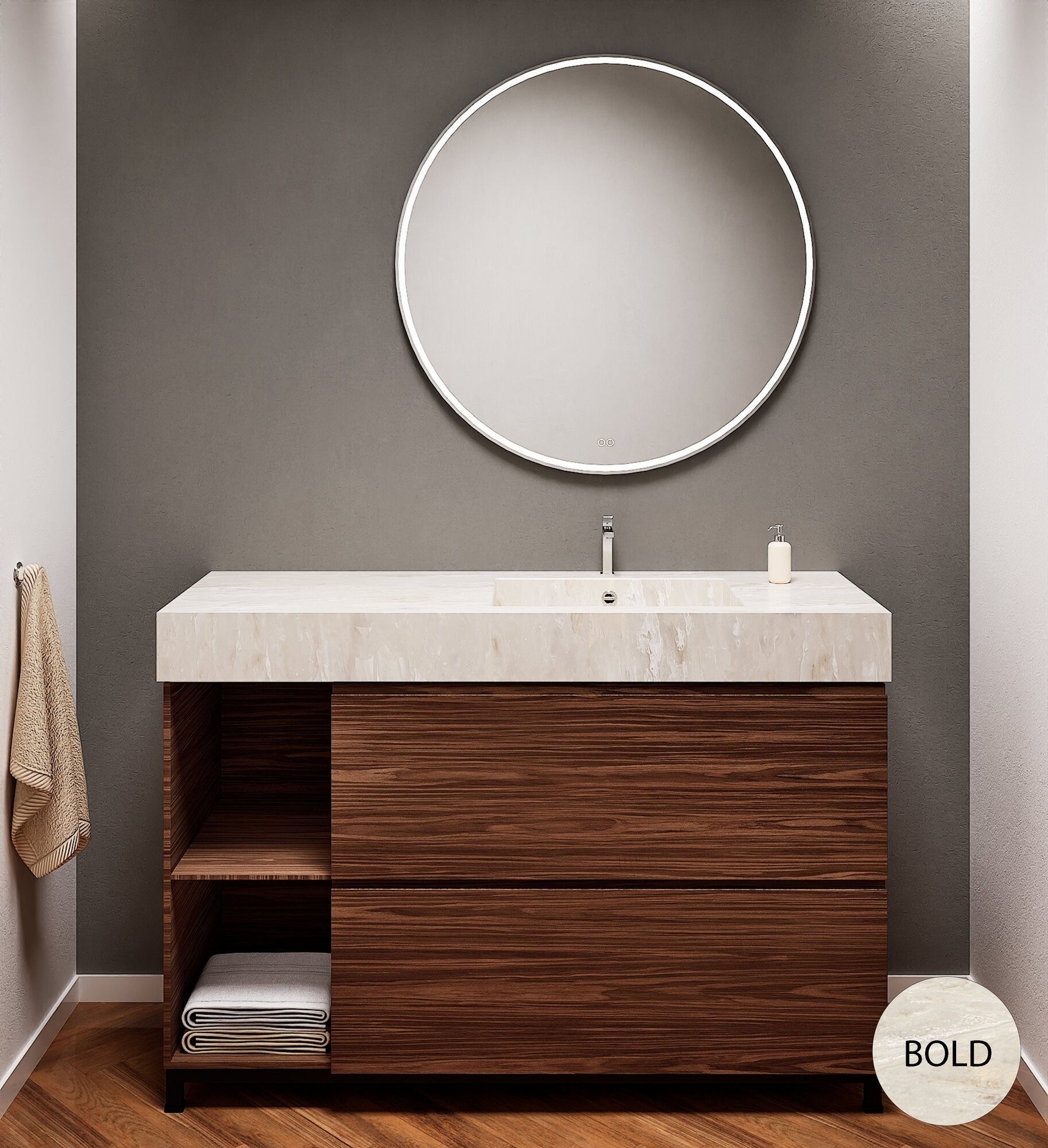 Aurora – Corian® Basin Unit with 2 Drawers, 2 Side Shelves, and Feet-Standing Vanity - ROVALUX