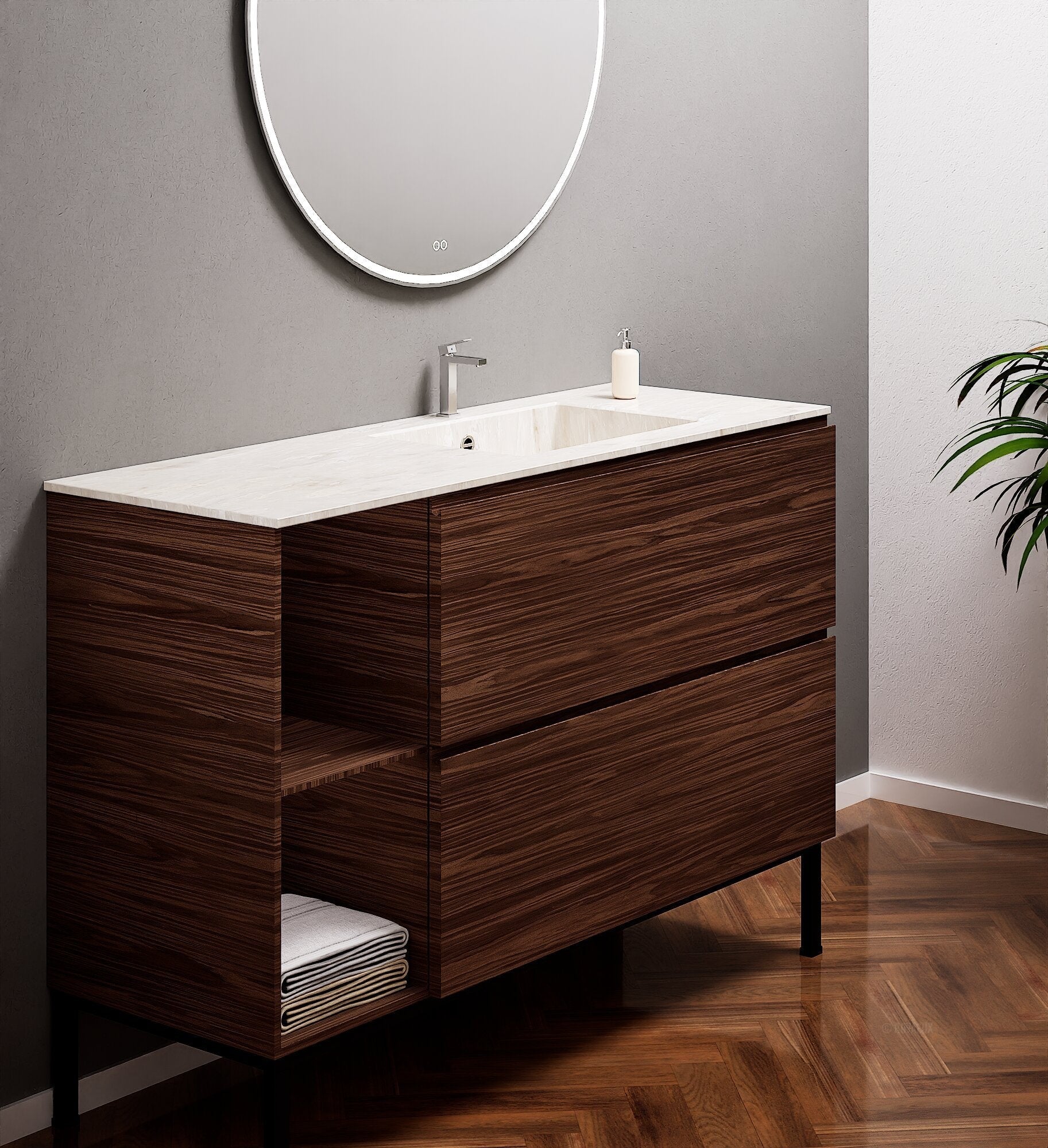 Aurora – Corian® Basin Unit with 2 Drawers, 2 Side Shelves, and Feet-Standing Vanity - ROVALUX