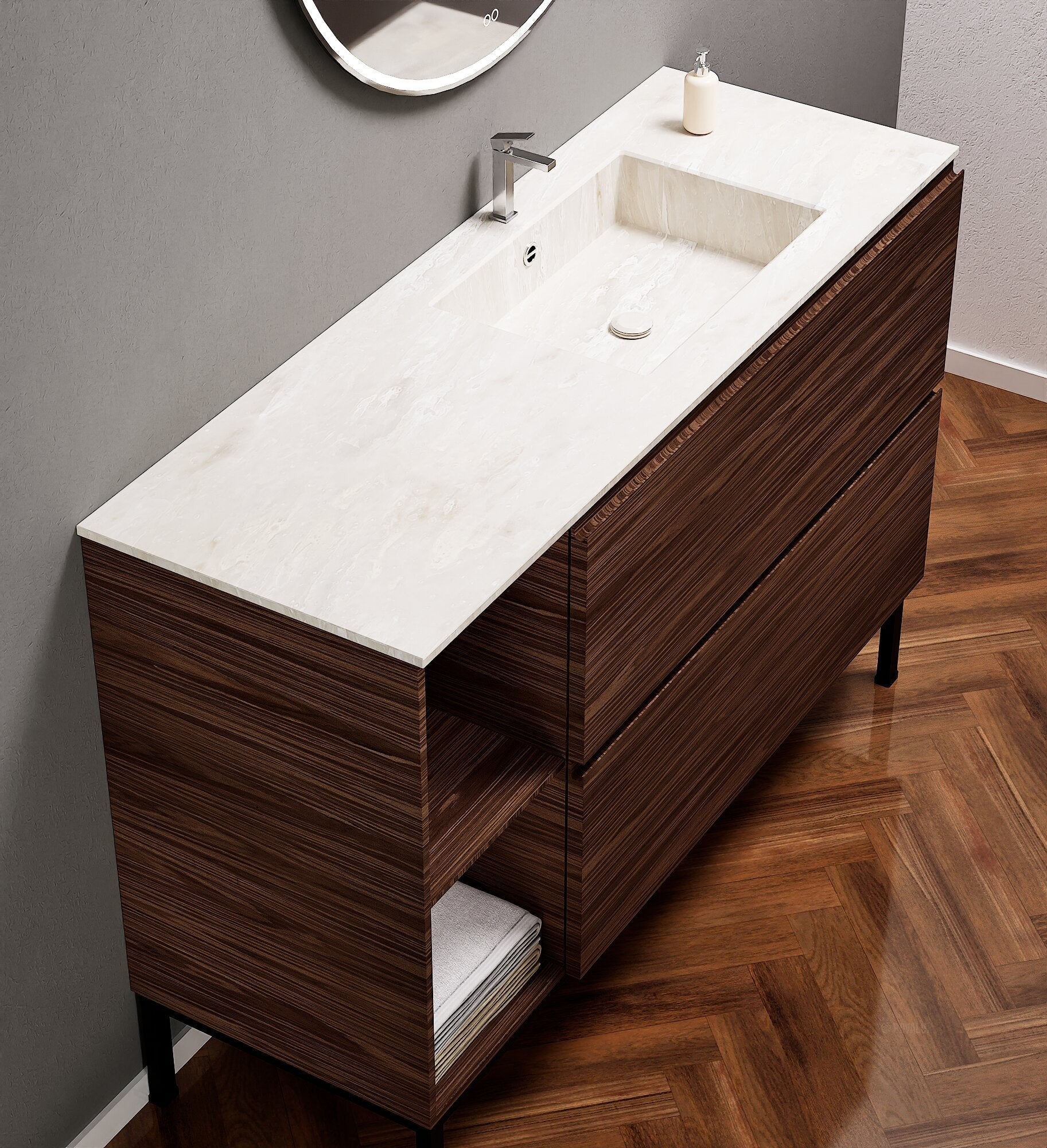 Aurora – Corian® Basin Unit with 2 Drawers, 2 Side Shelves, and Feet-Standing Vanity - ROVALUX