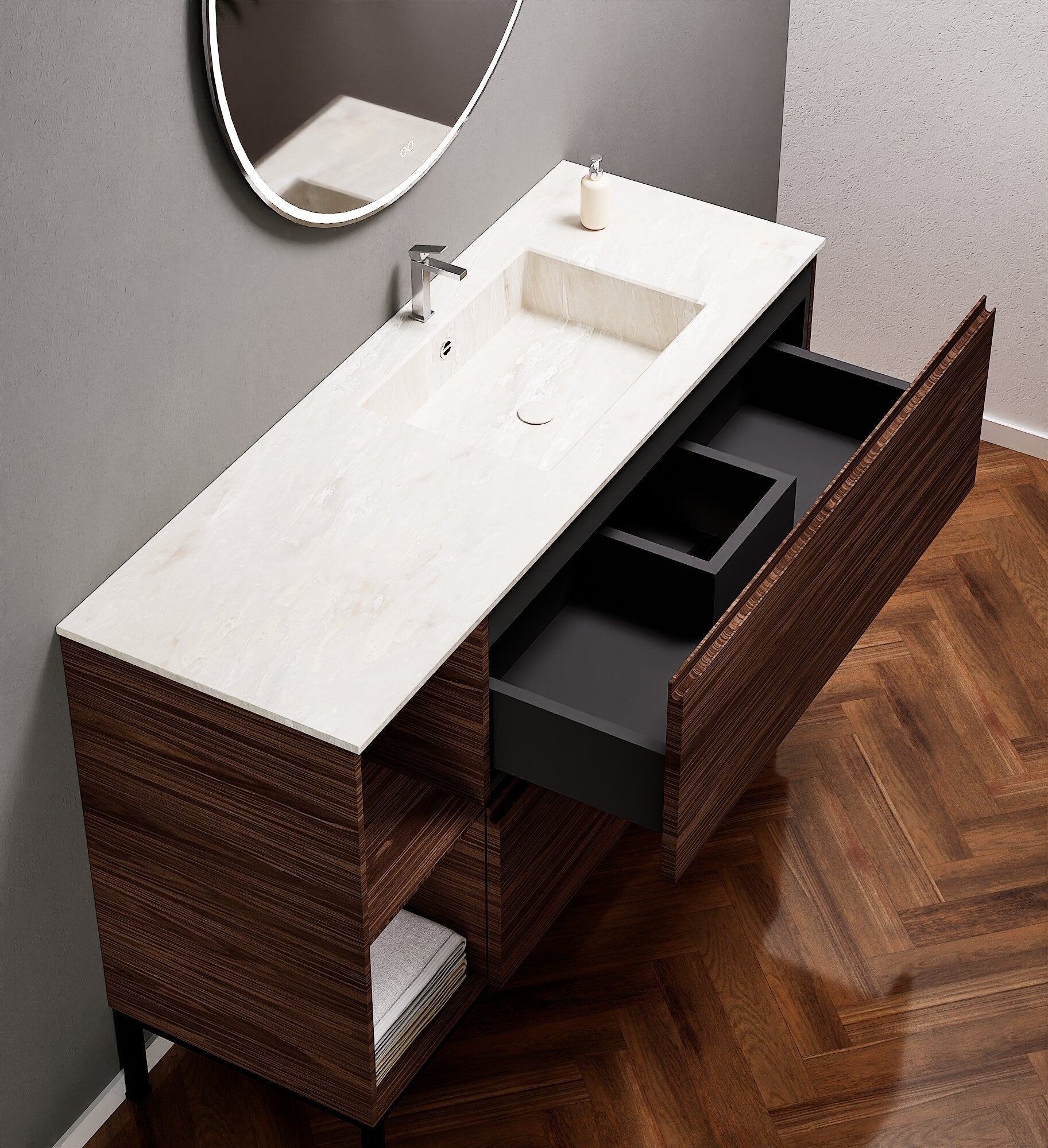 Aurora – Corian® Basin Unit with 2 Drawers, 2 Side Shelves, and Feet-Standing Vanity - ROVALUX