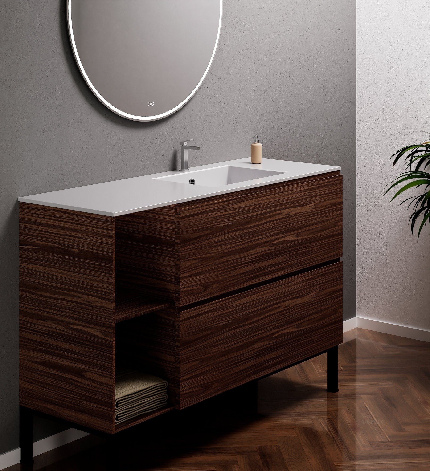 Aurora – Corian® Basin Unit with 2 Drawers, 2 Side Shelves, and Feet-Standing Vanity - ROVALUX