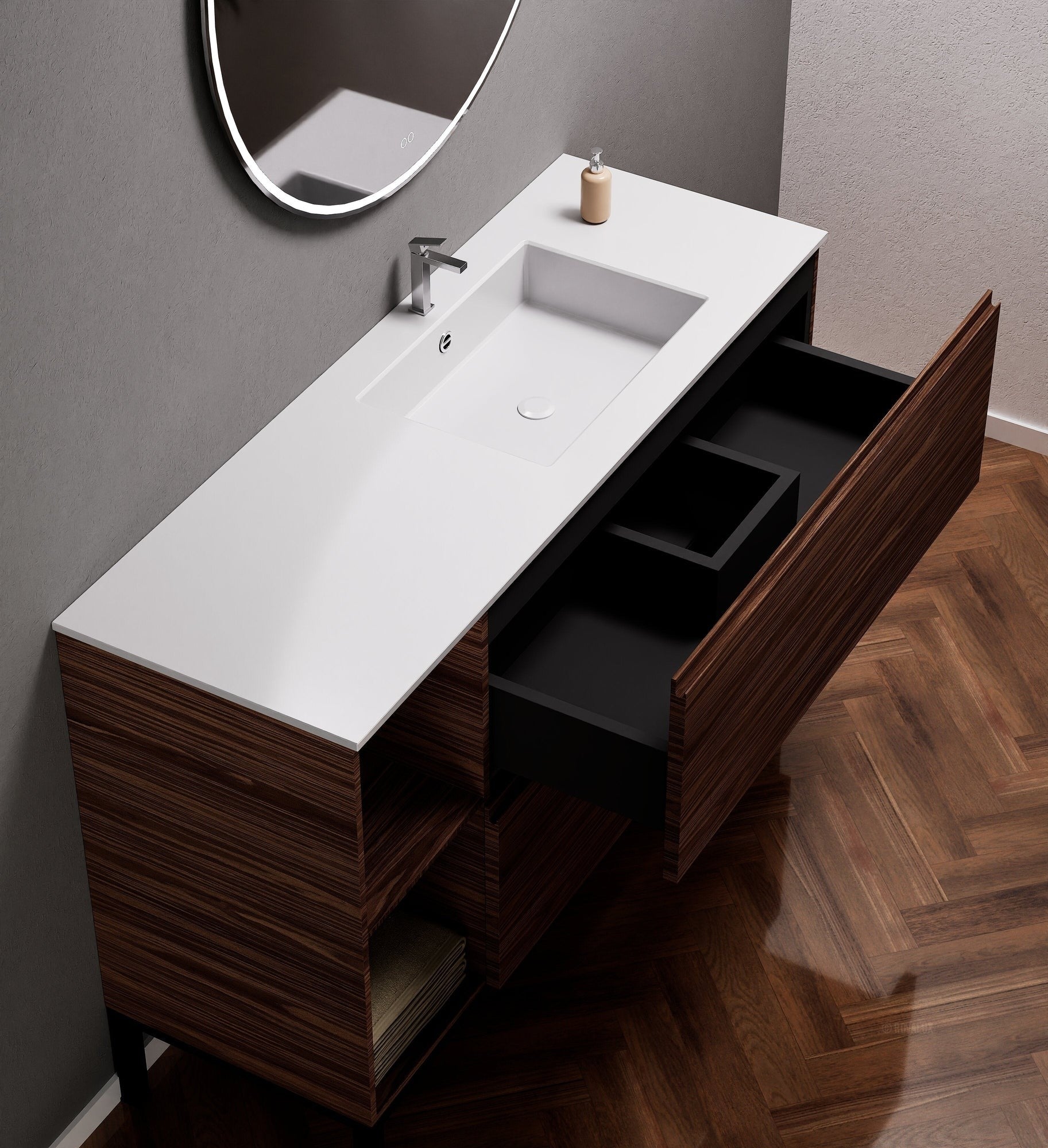 Aurora – Corian® Basin Unit with 2 Drawers, 2 Side Shelves, and Feet-Standing Vanity - ROVALUX