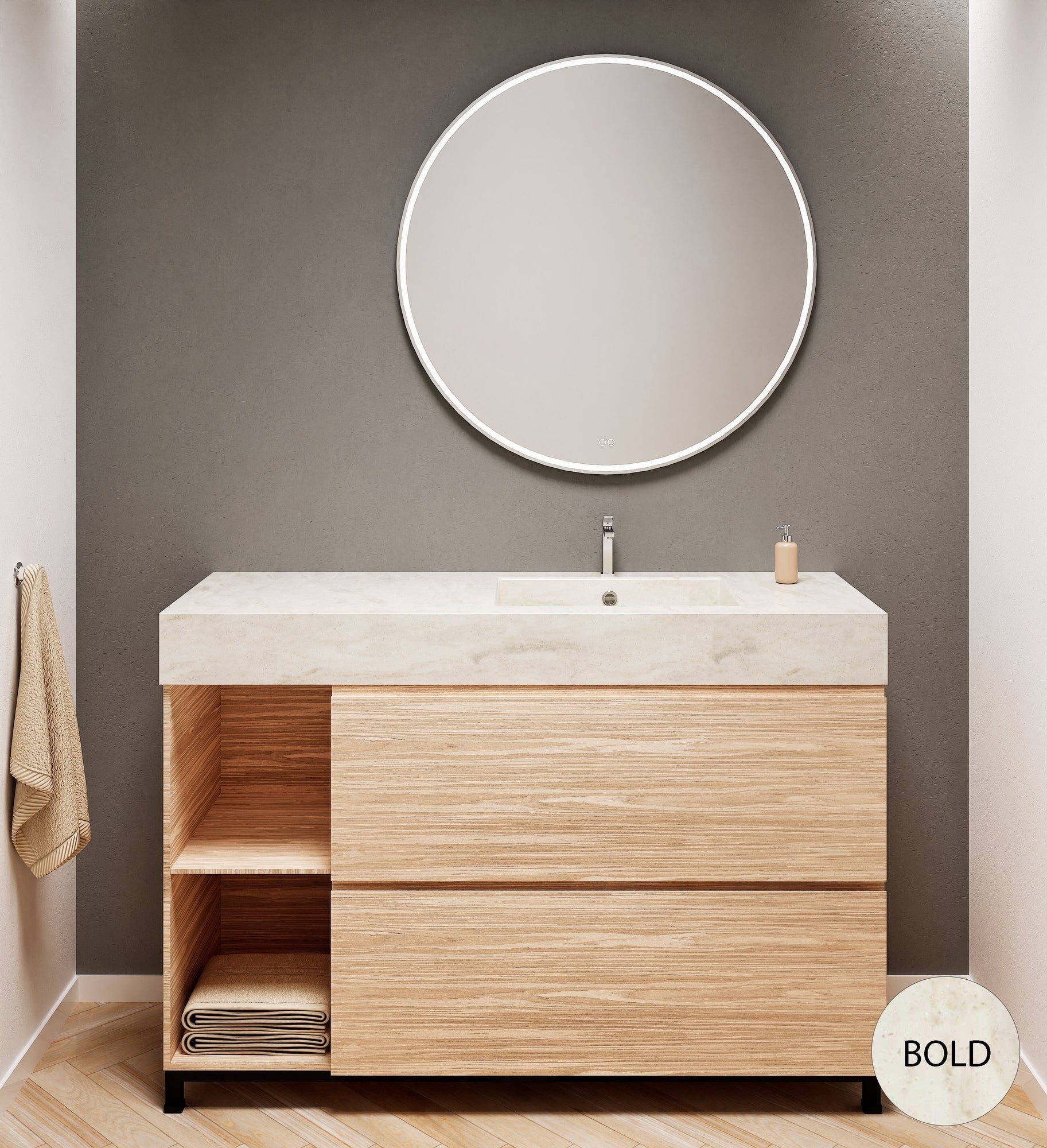 Aurora – Corian® Basin Unit with 2 Drawers, 2 Side Shelves, and Feet-Standing Vanity - ROVALUX