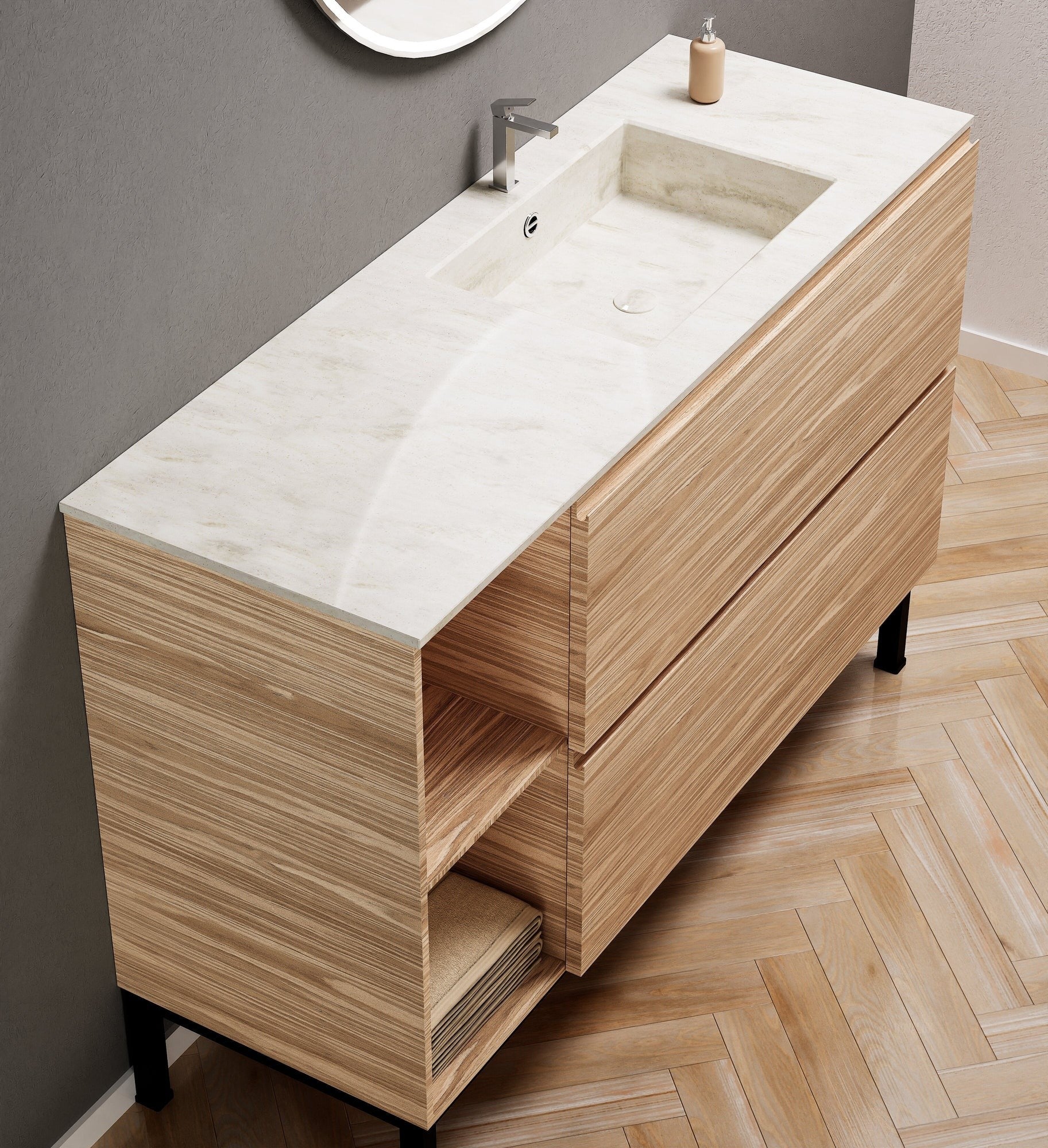Aurora – Corian® Basin Unit with 2 Drawers, 2 Side Shelves, and Feet-Standing Vanity - ROVALUX