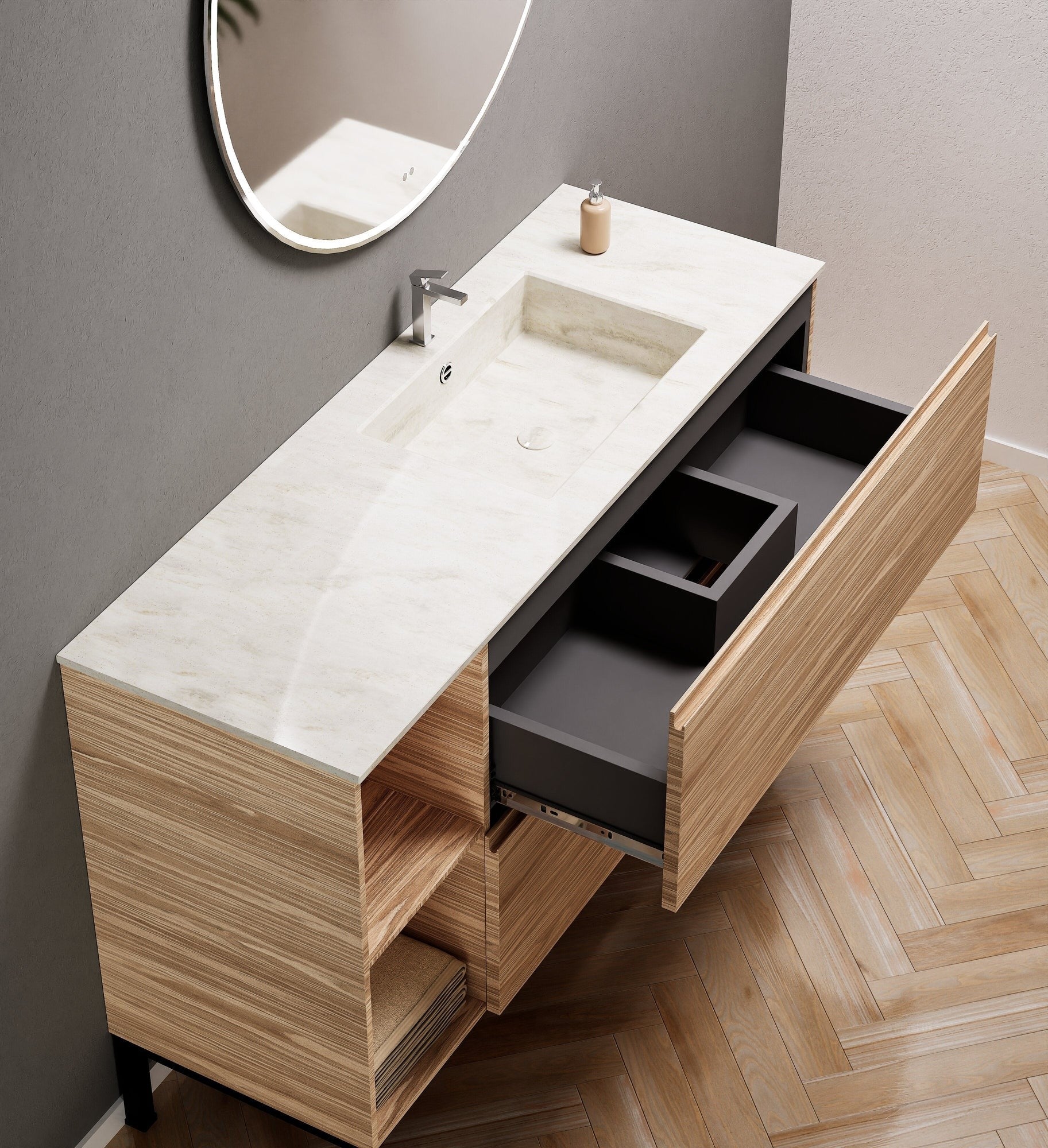 Aurora – Corian® Basin Unit with 2 Drawers, 2 Side Shelves, and Feet-Standing Vanity - ROVALUX