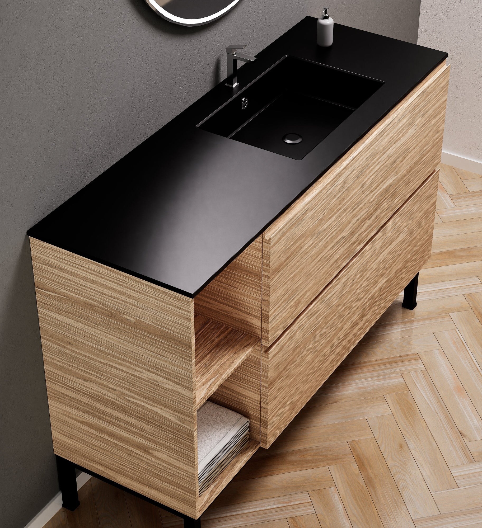 Aurora – Corian® Basin Unit with 2 Drawers, 2 Side Shelves, and Feet-Standing Vanity - ROVALUX