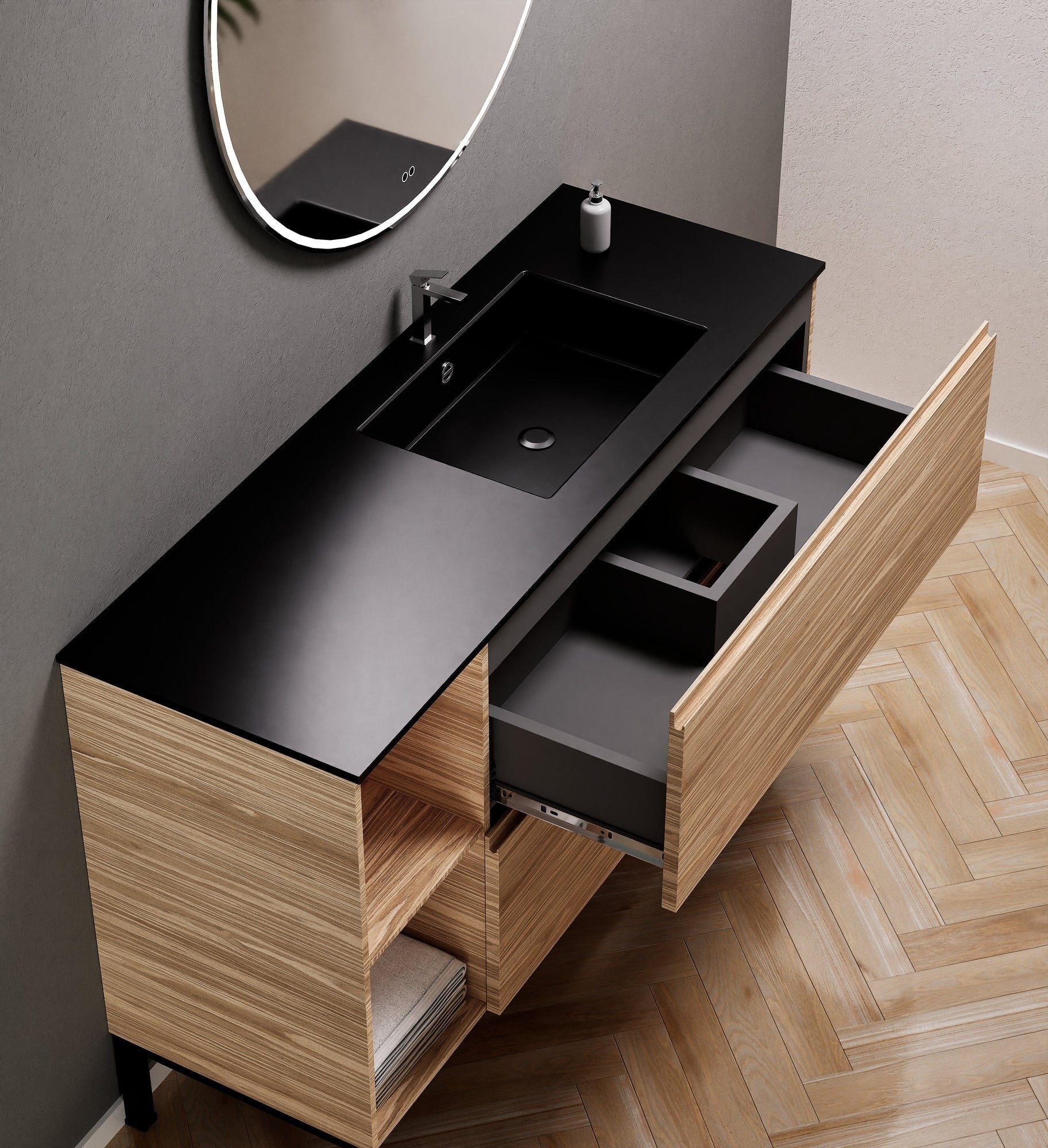 Aurora – Corian® Basin Unit with 2 Drawers, 2 Side Shelves, and Feet-Standing Vanity - ROVALUX