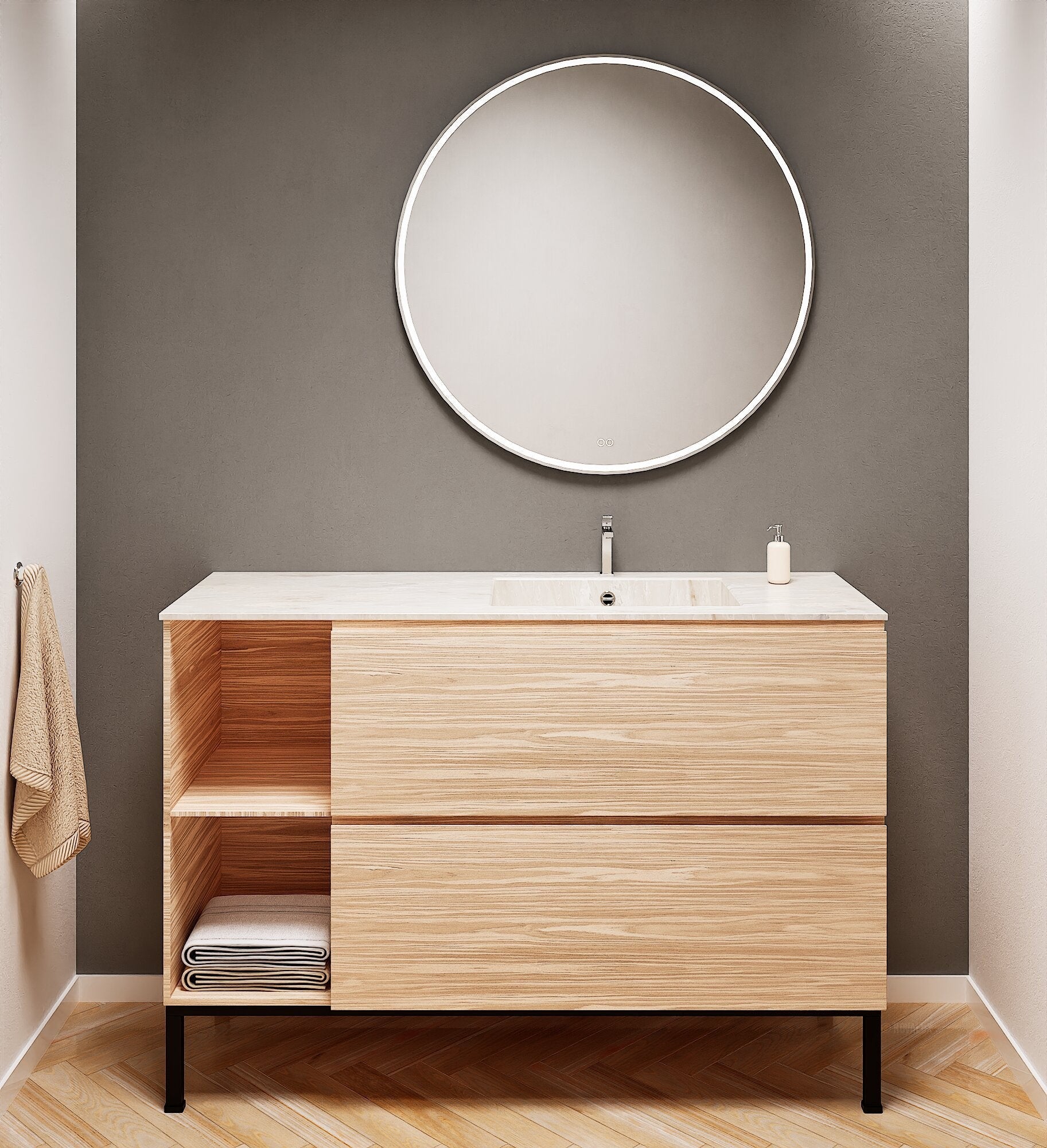 Aurora – Corian® Basin Unit with 2 Drawers, 2 Side Shelves, and Feet-Standing Vanity - ROVALUX