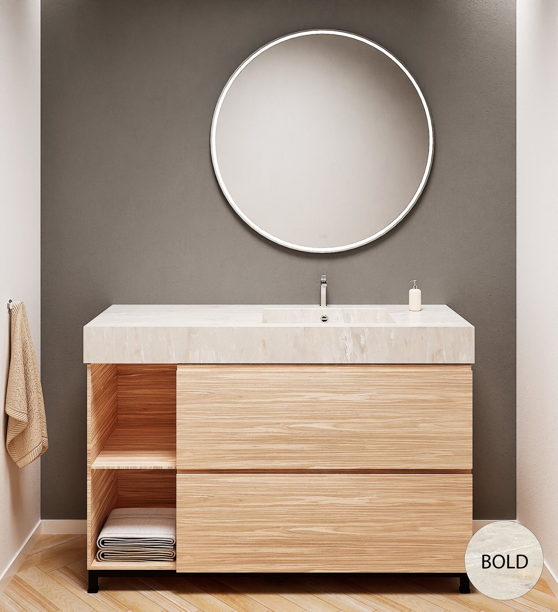 Aurora – Corian® Basin Unit with 2 Drawers, 2 Side Shelves, and Feet-Standing Vanity - ROVALUX