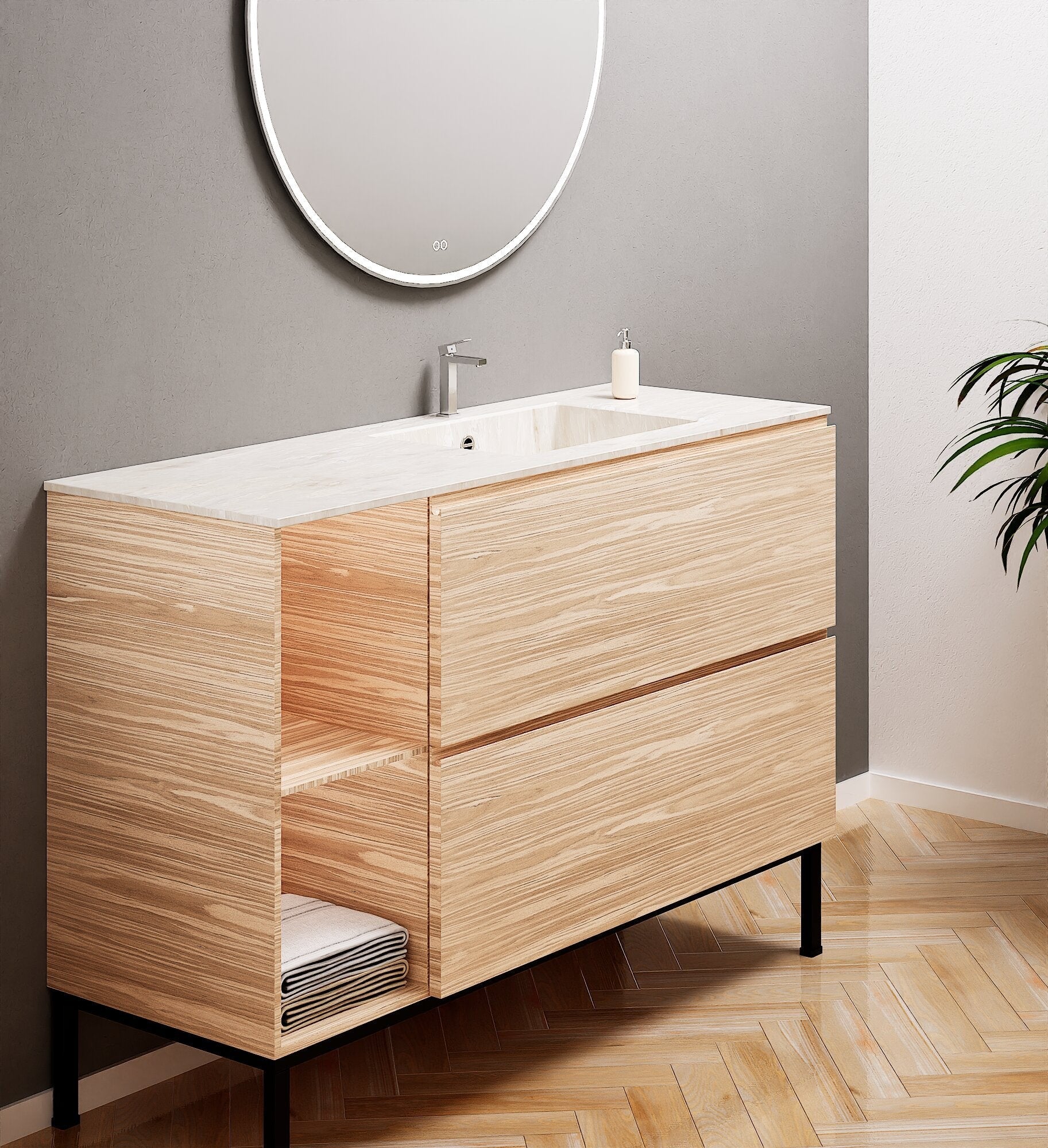 Aurora – Corian® Basin Unit with 2 Drawers, 2 Side Shelves, and Feet-Standing Vanity - ROVALUX
