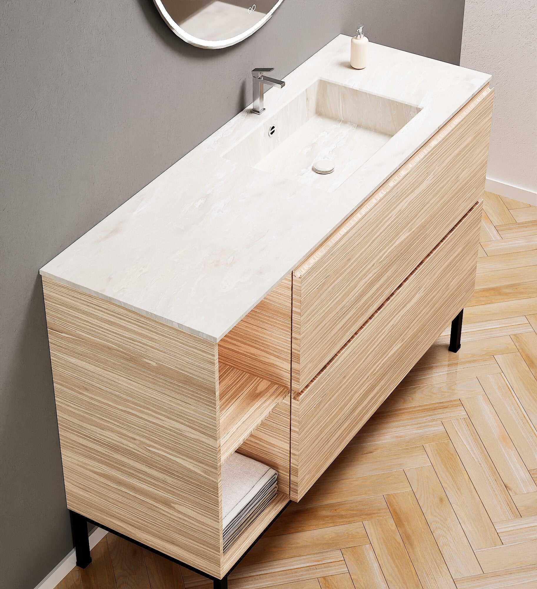 Aurora – Corian® Basin Unit with 2 Drawers, 2 Side Shelves, and Feet-Standing Vanity - ROVALUX