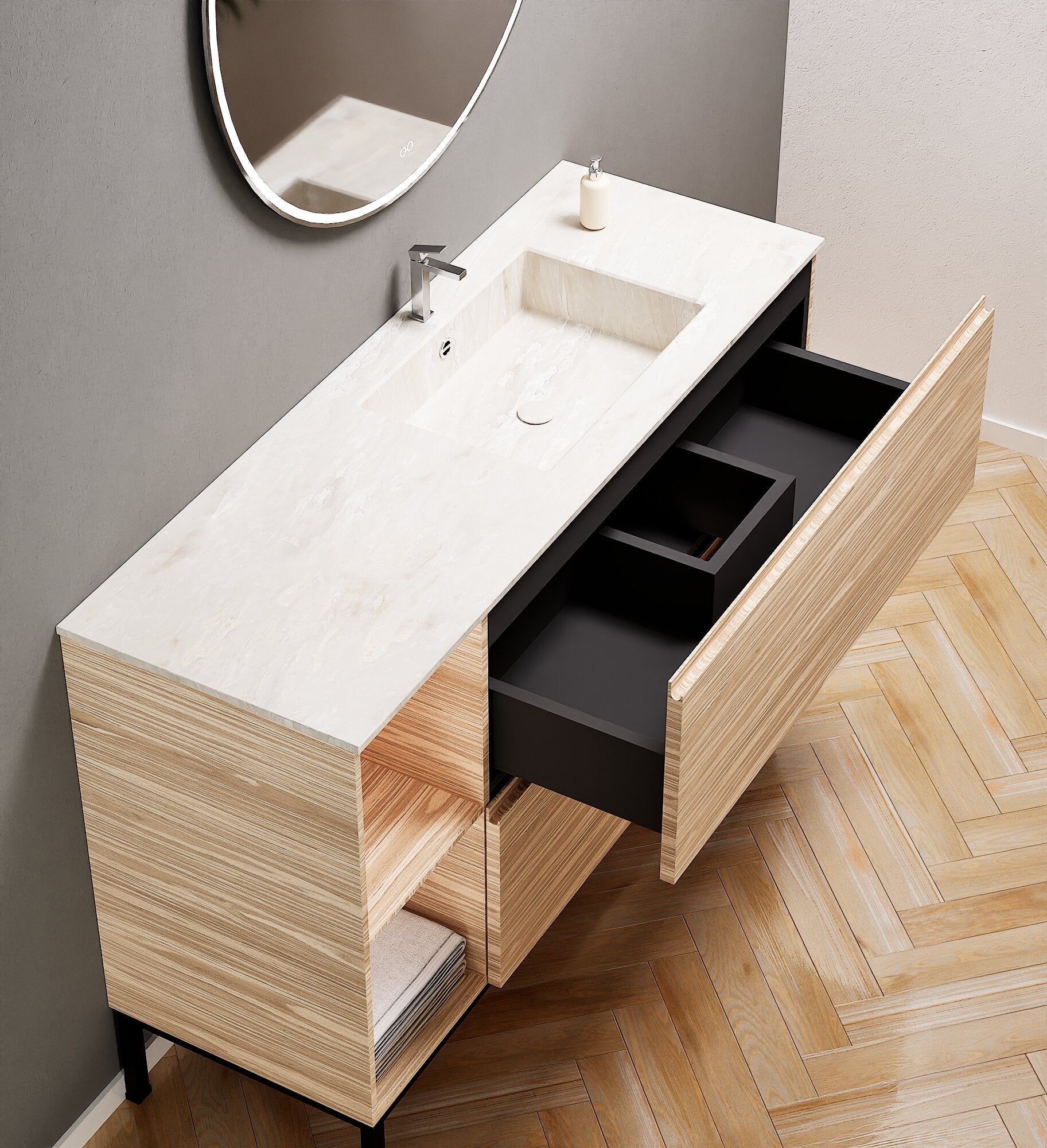 Aurora – Corian® Basin Unit with 2 Drawers, 2 Side Shelves, and Feet-Standing Vanity - ROVALUX