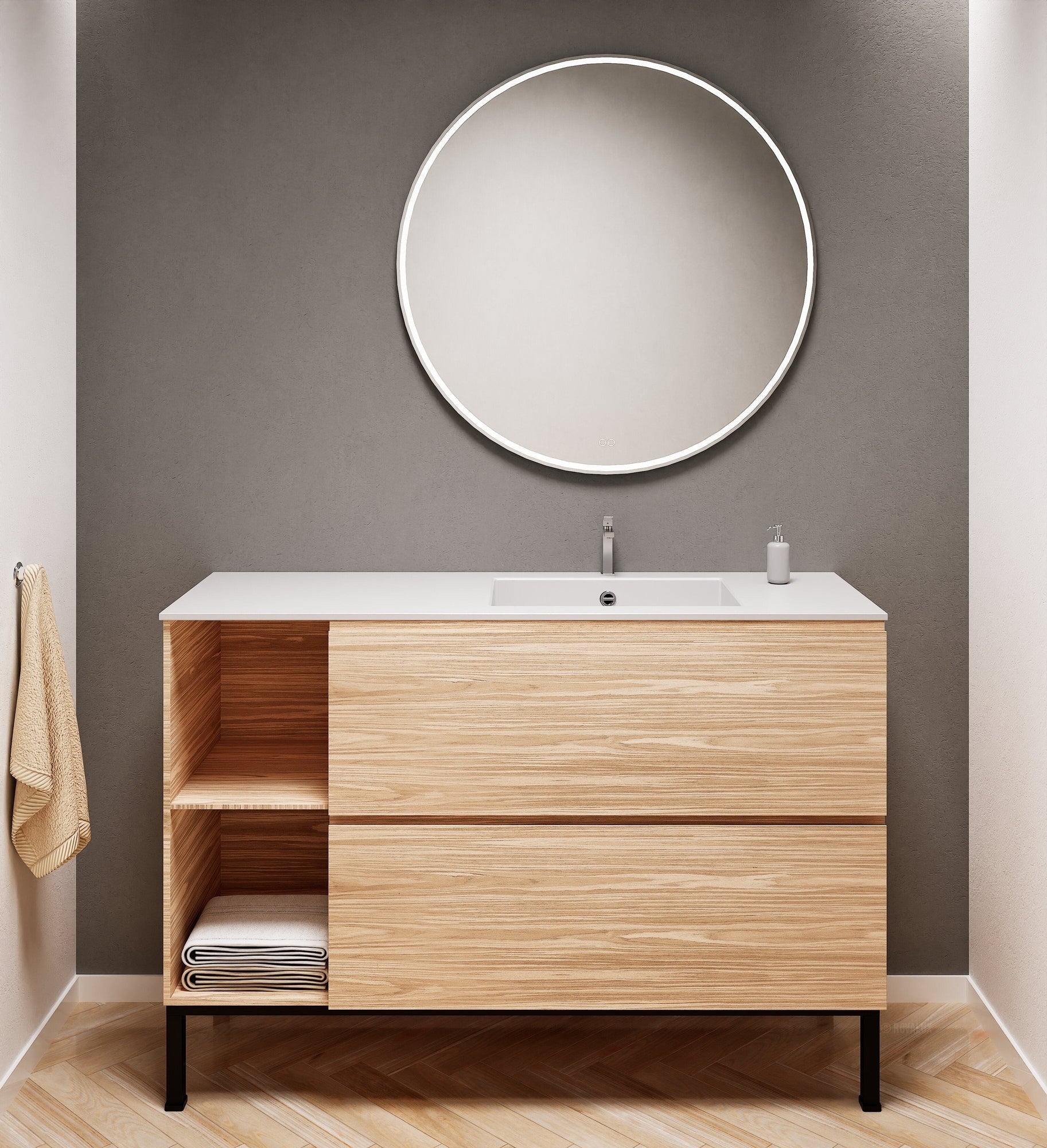 Aurora – Corian® Basin Unit with 2 Drawers, 2 Side Shelves, and Feet-Standing Vanity - ROVALUX