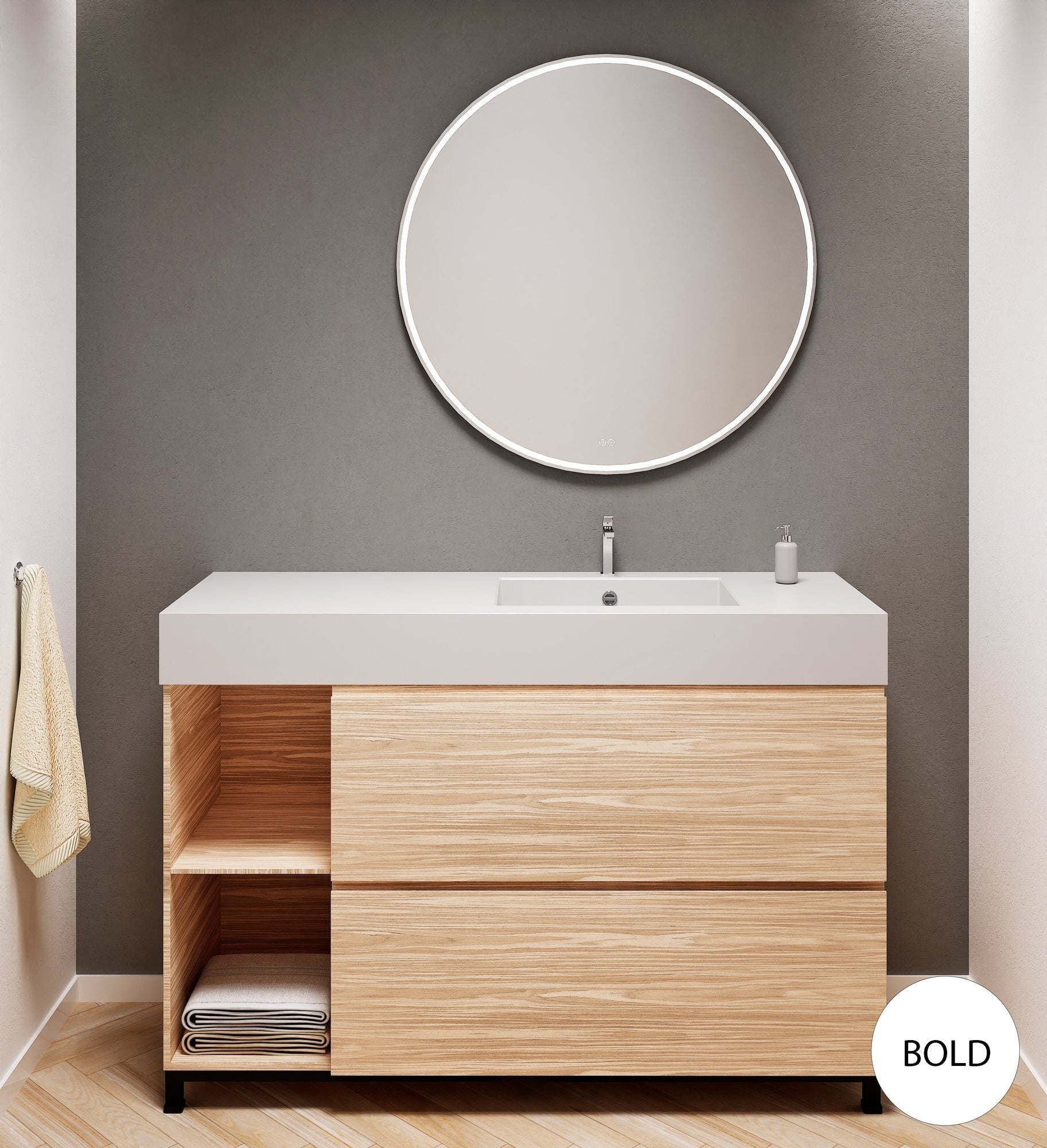 Aurora – Corian® Basin Unit with 2 Drawers, 2 Side Shelves, and Feet-Standing Vanity - ROVALUX
