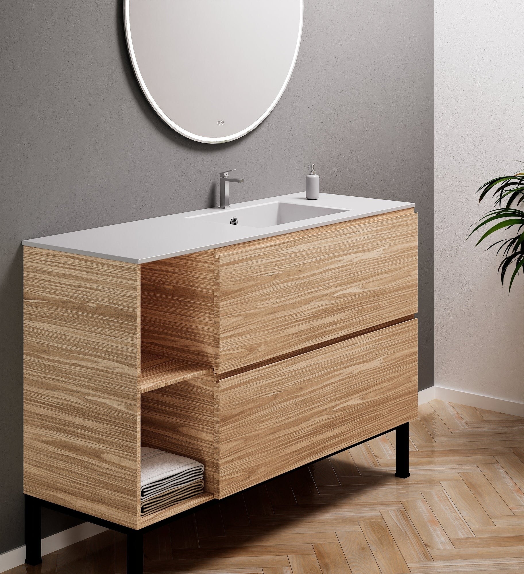 Aurora – Corian® Basin Unit with 2 Drawers, 2 Side Shelves, and Feet-Standing Vanity - ROVALUX