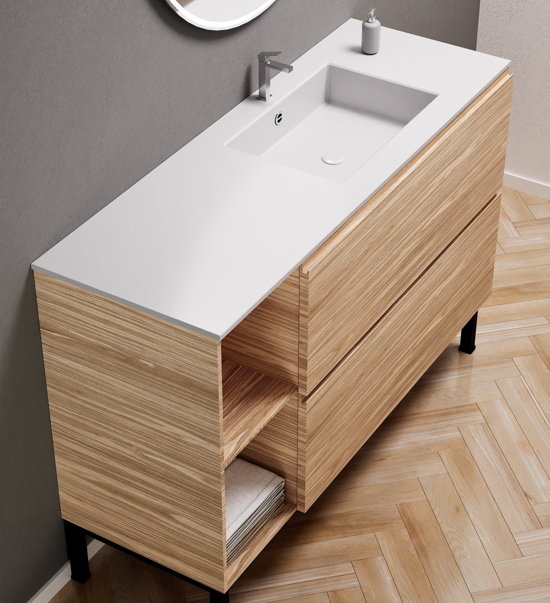Aurora – Corian® Basin Unit with 2 Drawers, 2 Side Shelves, and Feet-Standing Vanity - ROVALUX