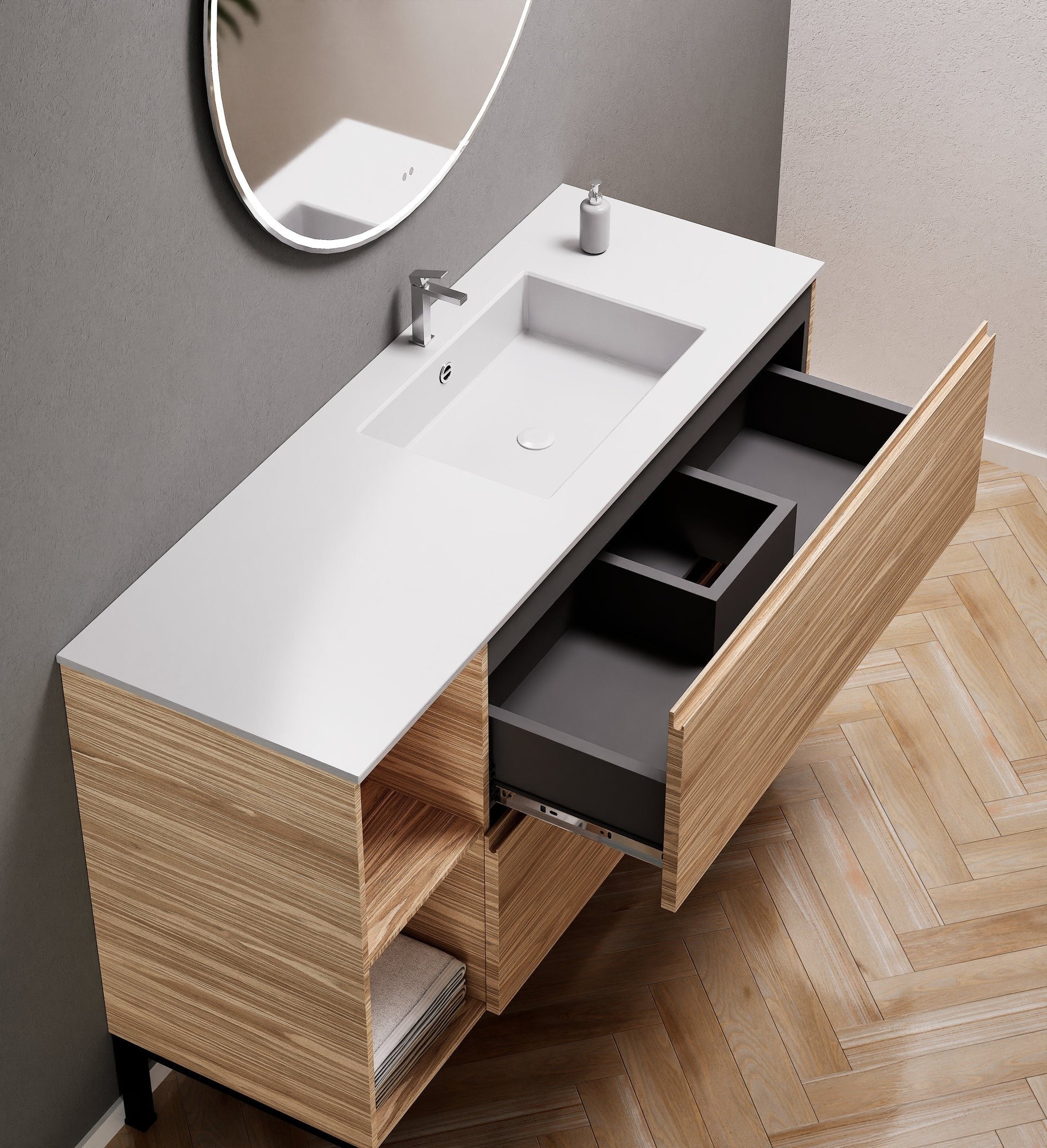 Aurora – Corian® Basin Unit with 2 Drawers, 2 Side Shelves, and Feet-Standing Vanity - ROVALUX